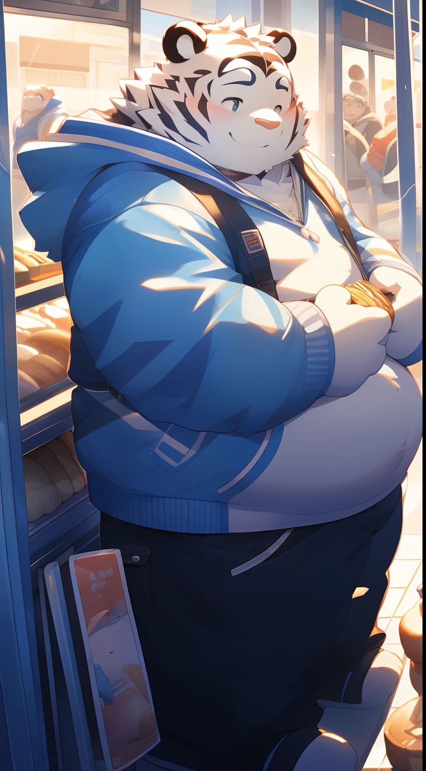 Anthropomorphic white tiger，male people， old，Thick eyebrows，blue stripe，hairy bodies，Chubby body，Blue hoodie，Take the bread，Stand in front of a convenience store，ssmile，looking toward the viewer，adolable，Solo，Side angle，Full body photo