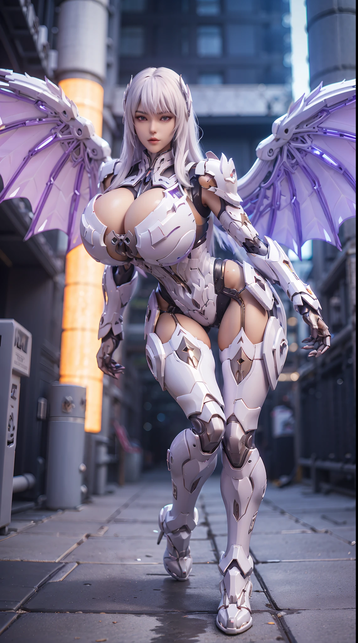 (DRAGON HEAD), HUGE FAKE BOOBS, (BEAUTIFUL FACE), (WHITE HAIR), (WHITE:1.2, PURPLE:0.8, MECHA ARMORED GEAR), ((A PAIR OF HUGE MECHANICAL WINGS SPREAD OUT)), FUTURISTIC DRAGON MECHA SUIT, (CLEAVAGE), (SKINTIGHT YOGA PANTS), (TALL LEGS:1.2), FRONT, (STANDING:1), SLENDER BODY, MUSCLE ABS, UHD, 8K, 1080P.