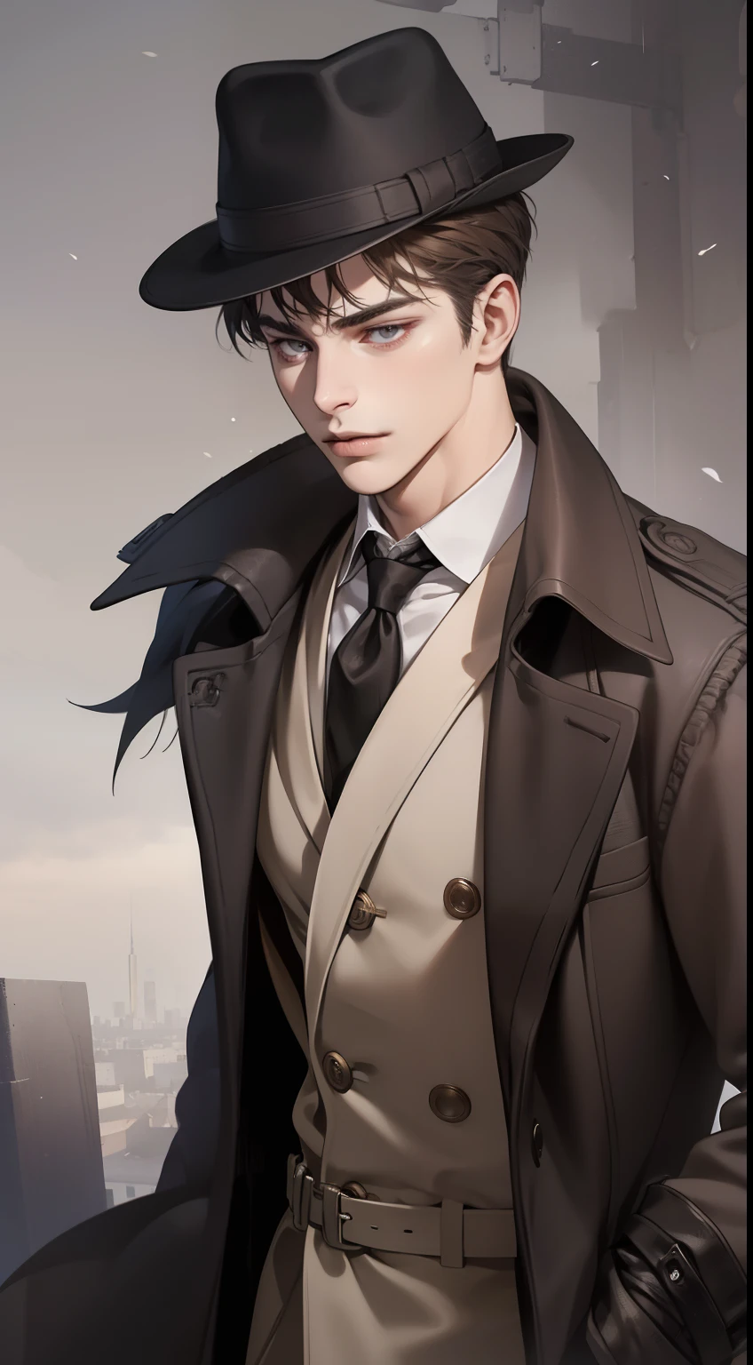 masterpiece, best quality, realistic, 1man, mature male, quiet and charming young man, 25 years old, close his eyes, serious look, extremely detailed face, ((dark grey eyes)), ((short-right-swept dark brown hair)), [thick eyebrows], detective, ((Dressed in a classic overcoat and fedora hat)), cinematic lighting, looking at the audience, posture dynamics, Victorian era
