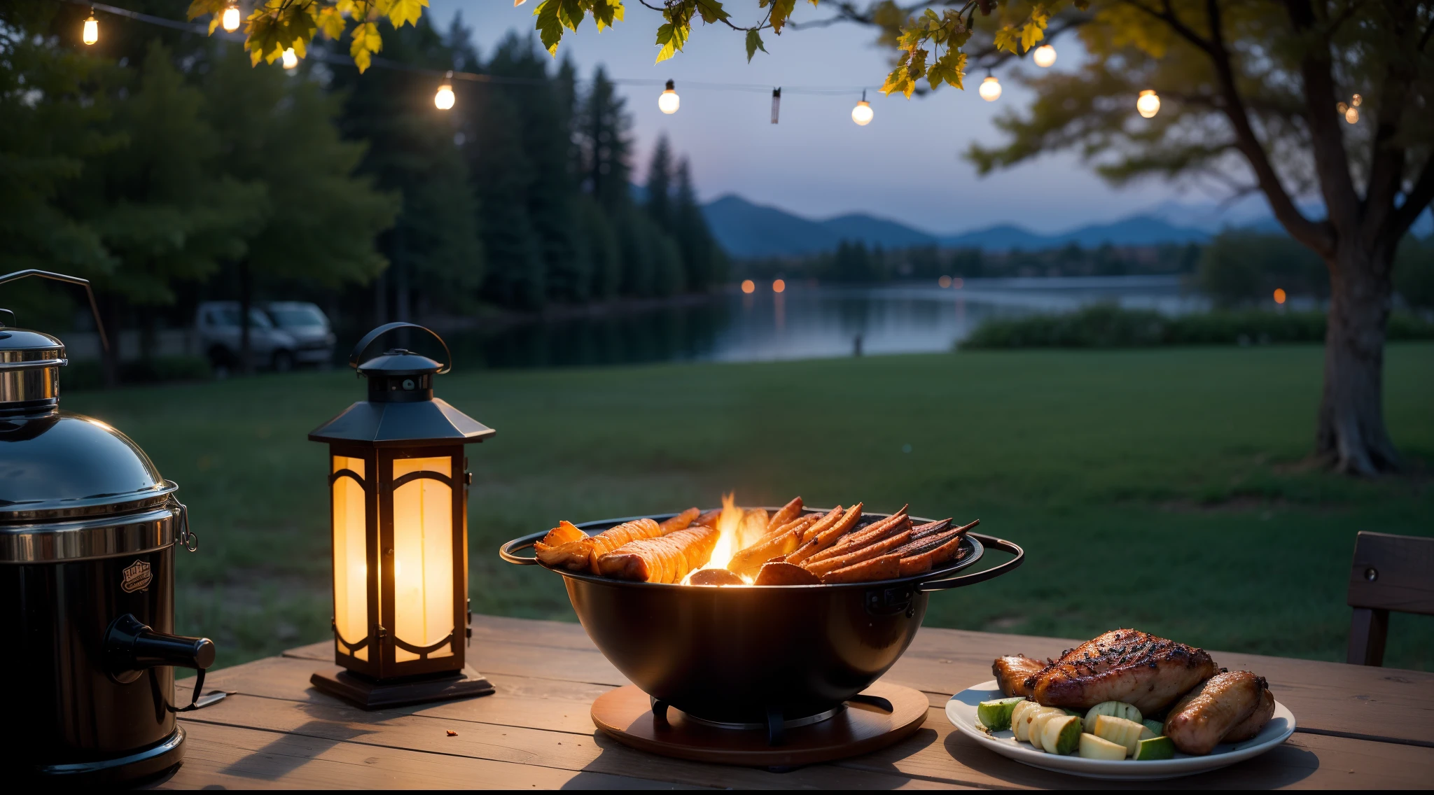 autumn night、by lake、(Best Quality,hight resolution:1.2),outdoor setting,Wooden cutting board with meat and vegetables,grill,Chicken on the grill,Himalayan Rock Salt Lamp,warm and inviting atmosphere,Soft warm light,lantern lighting,、Cozy and fun atmosphere,warm glow,BBQ,
