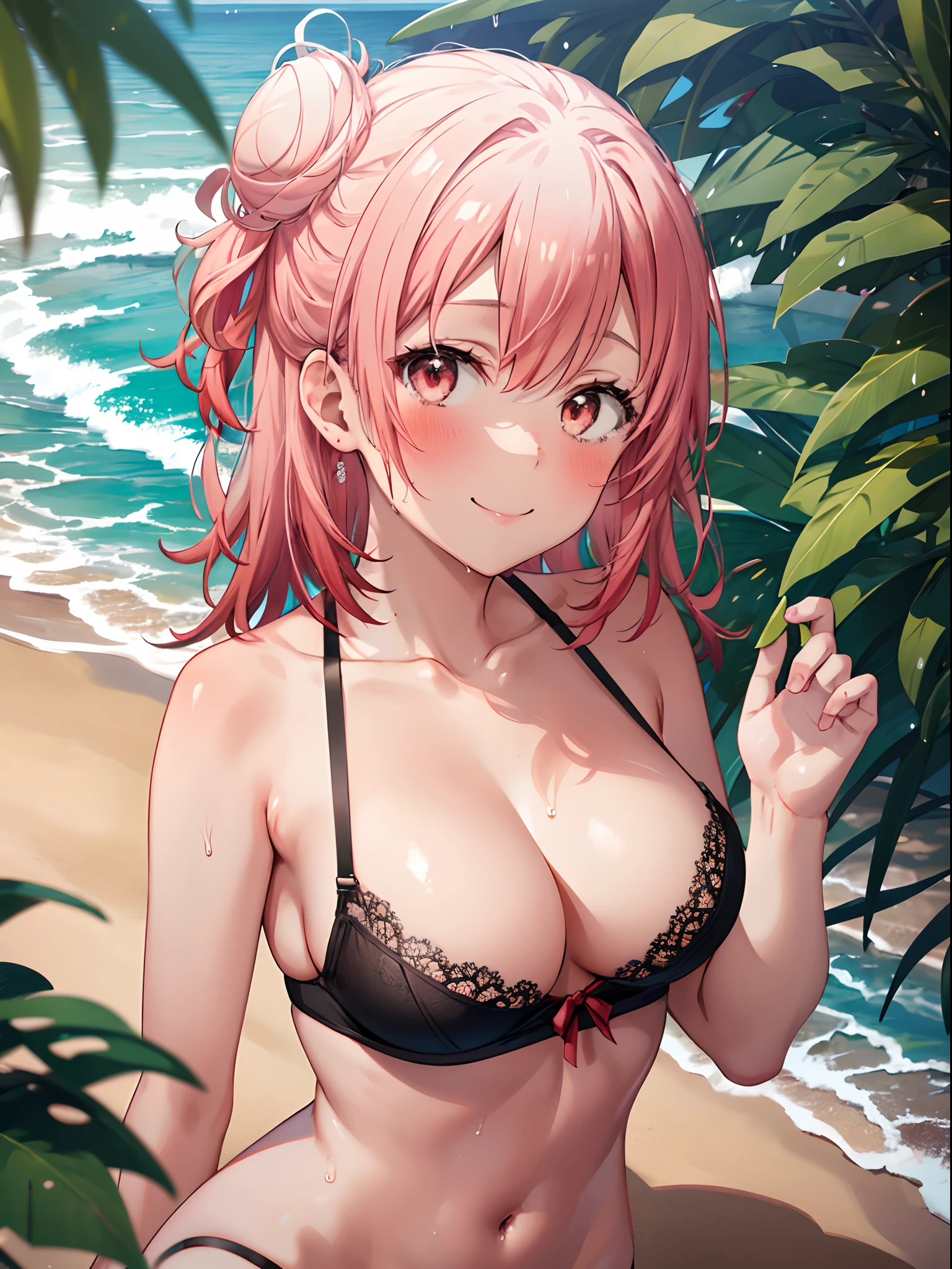 1girl in, (Chiquita:1.2), 1girl in, 
Yui, Pink hair, Hair bun, 
NSFW, 
(8K, Raw photo, Highest Quality, masutepiece)
White camisole, 
Looking at Viewer, From  above, 
plein air, Beach,
lift breasts, 
smile, blush, wet body,