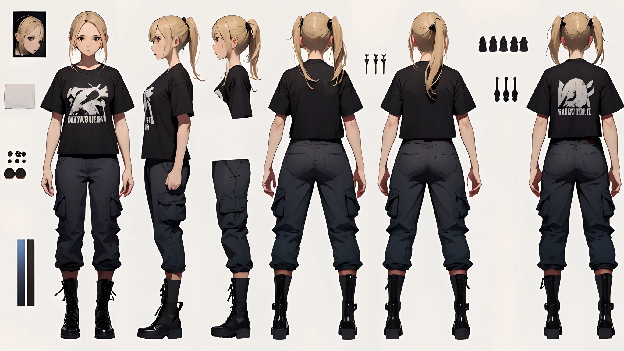 (Masterpiece, best quality), detailed, ((character concept art)), ((character design sheet, same character, front, side, back)), many items, (1girl, t-shirt, cargo pants, military boots, many parts), (light skin color:1) , (brown eyes), detailed face, random expressions, athletics physical form, blonde hair color,  detailed hair, high ponytail style haircut, full of details, (simple background, white background: 1.3)