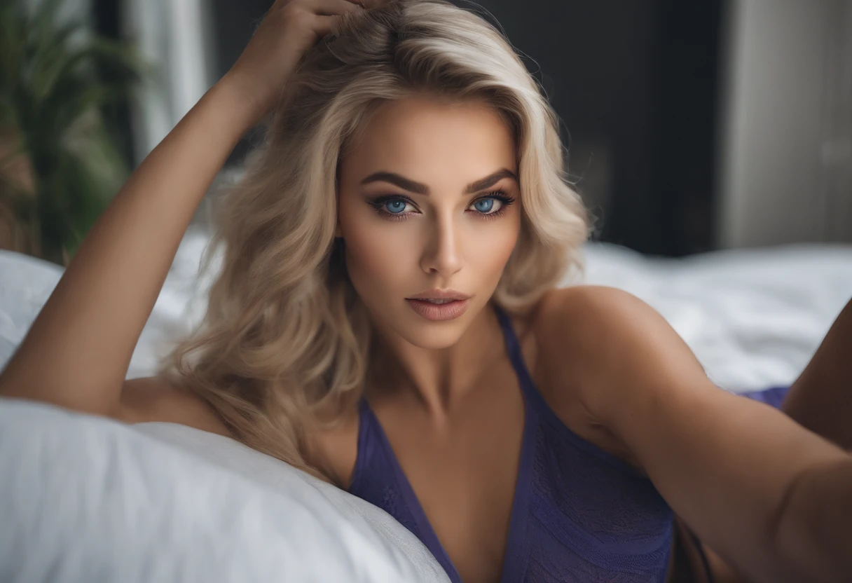 Woman with matching tank top and panties, Sexy girl with blue eyes, portrait sophie mudd, portrait corinna kopf, blonde hair and large eyes, Selfie einer jungen Frau, Augen im Schlafzimmer, Violet Myers, ohne Make-up, Natural makeup, Blick direkt in die Kamera, Gesicht mit Artgram, dezentes Make-up, Stunning full body shot, im Schlafzimmer, Spaltung