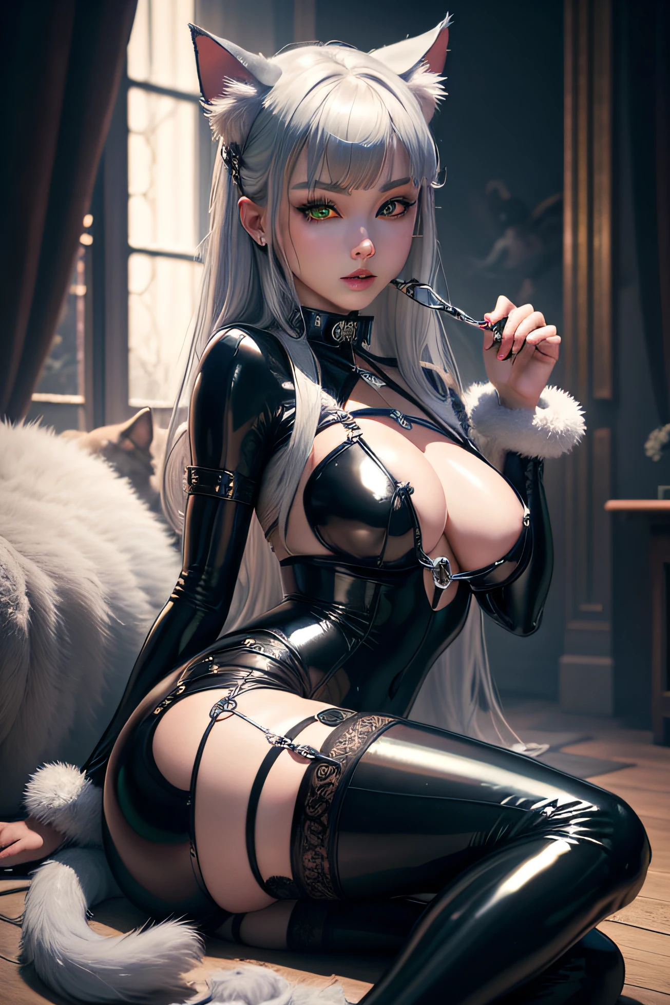 a picture、masterpiece、8K,Beautiful cat、(garments:Latex Rubber Bondage)、Beautuful Women、Eyes are green、Playing with two、Silver fur、mystical、bewitching