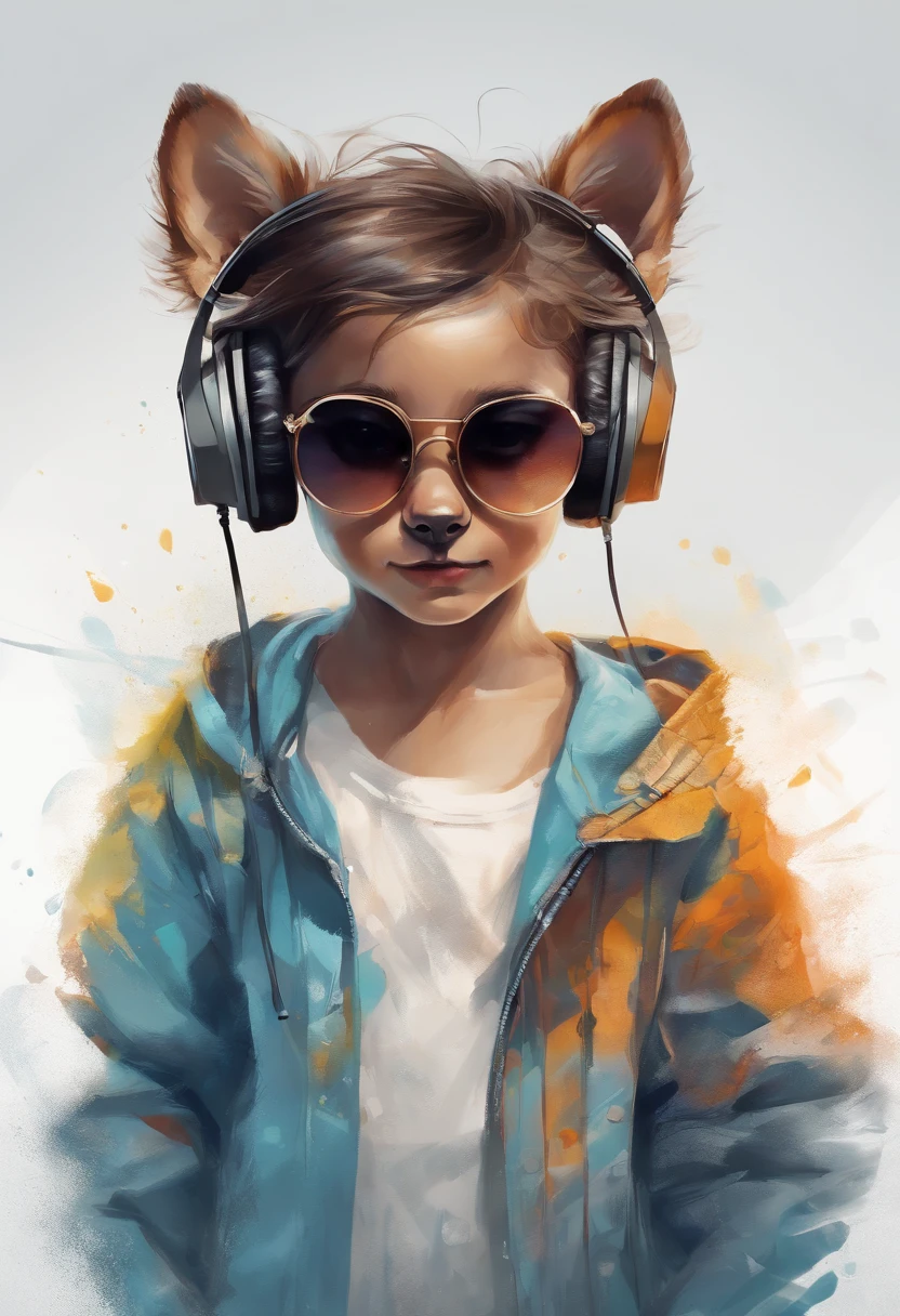 Perfect centering, Cute puppy, Wear a student team jacket, Wearing sunglasses, Wearing headphones, cheerfulness, Standing position, Abstract beauty, Centered, Looking at the camera, Facing the camera, nearing perfection, Dynamic, Highly detailed, smooth, Sharp focus, 8K, high definition resolution, illustration, Art by Carne Griffiths and Wadim Kashin, White background