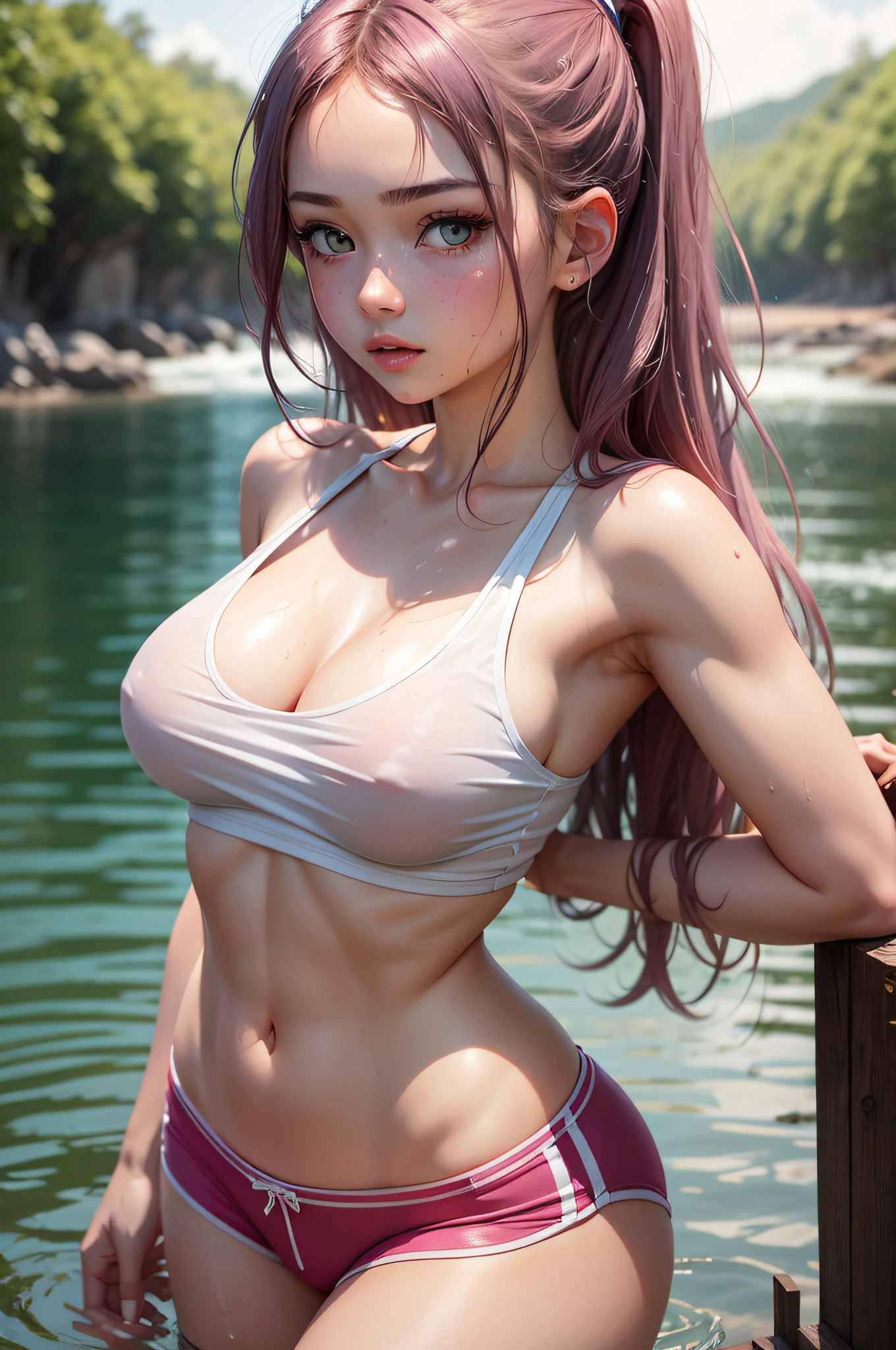 Wet clothes girl standing on riverbank in wet white tank top and pink sports shorts with deep neckline、ultra-detailliert, photographrealistic, shiny eyes, Detailed face, 鎖骨, Beautiful eyes, Green eyes, Detailed eyeshadow,4k highly detailed realistic photo of beautiful 18 year old Anglo-Saxon sweaty girl with shapely breasts、Cross your arms