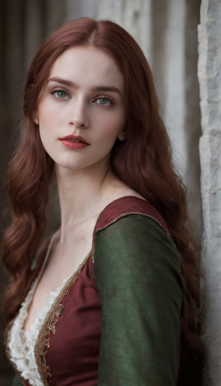 A woman with long red hair wearing a green dress and a red dress ...