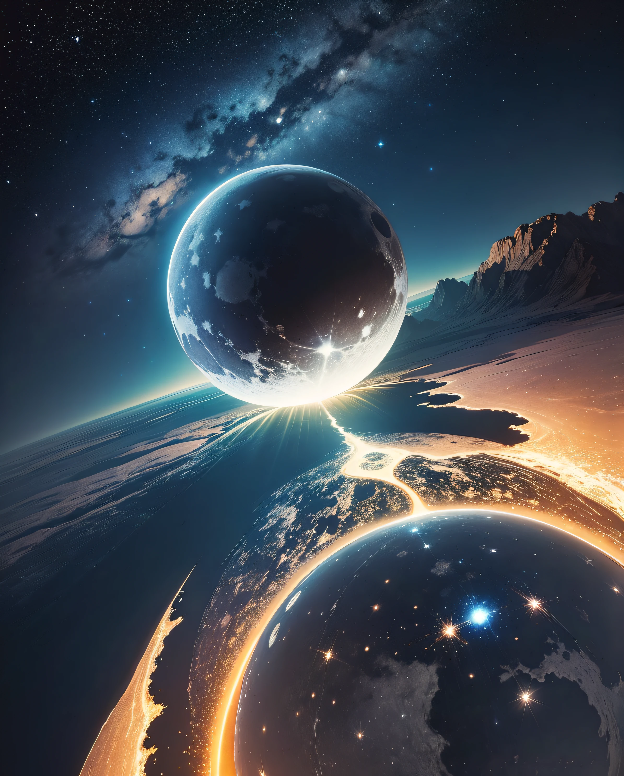 in the cosmos,Below is the Earth,Above is a slightly smaller moon,In the middle is the starry sky,photorealestic