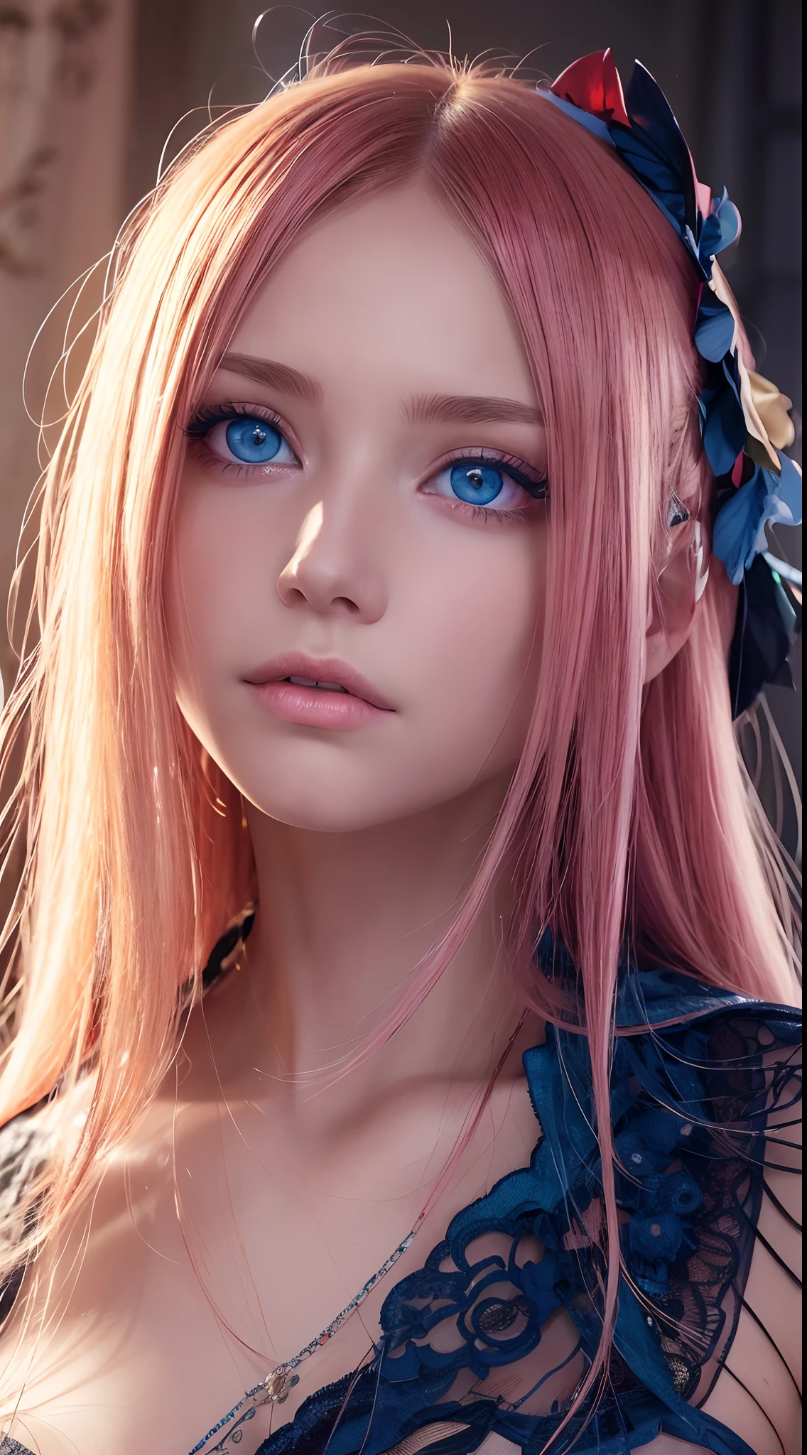 Best quality, 4K, high resolution, Masterpiece:1.2, super ultra detail, (Realistic, Photorealistic, photo-realistic:1.37), Vibrant red and blue eyes,Strong gaze,Mesmerizing eye contact,Fire-red iris,Dark blue shining stars,Shining pupils,Vivid colors,Portrait,Fantasy art,Magical red light,Ethereal beauty,pink color palettes,Heterochromia is described in particular detail,Long yellow hair。