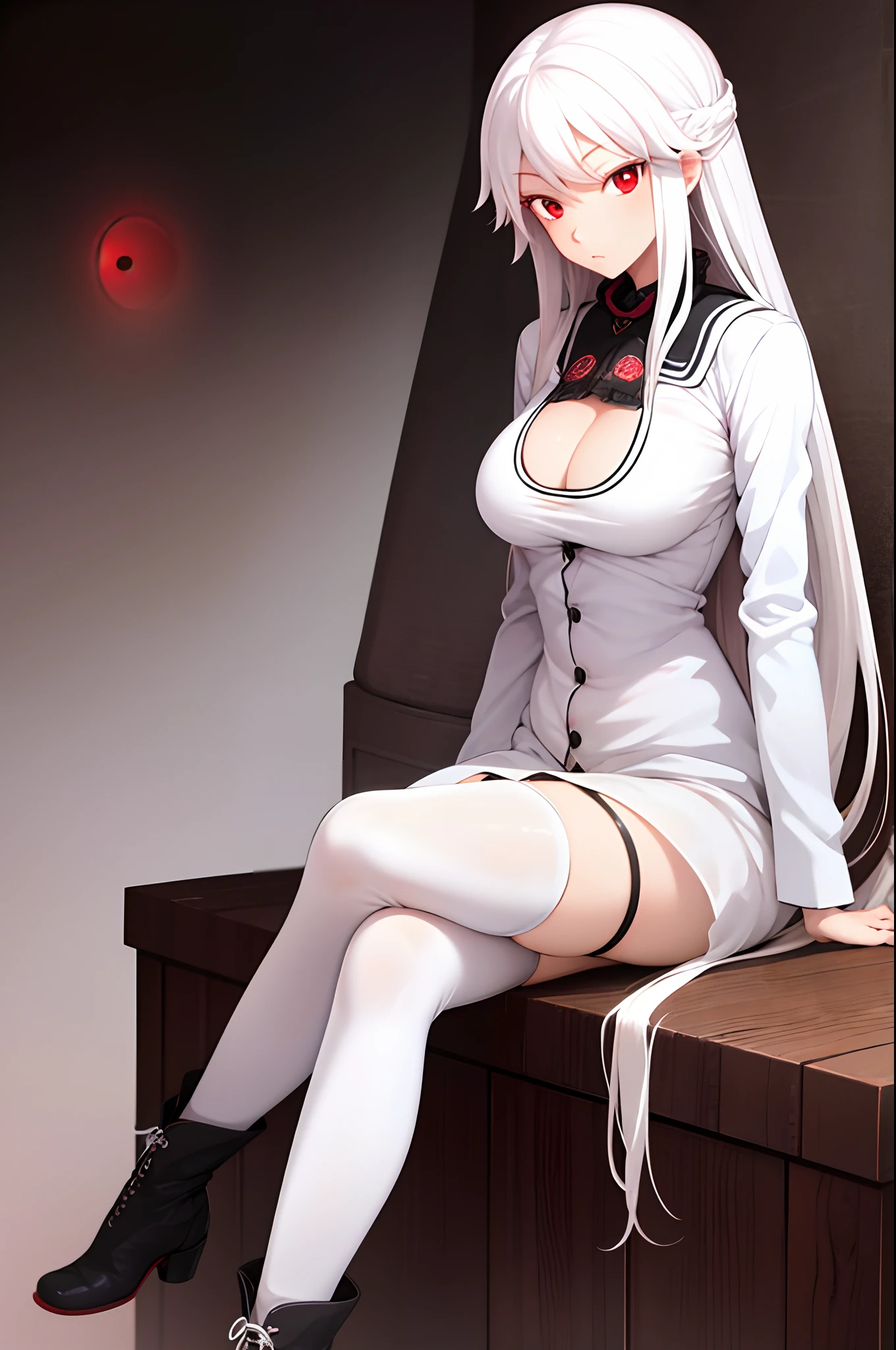 masterpiece,(bestquality),highlydetailed,ultra-detailed,cold,solo,1girl,bishoujo,stare,(red eyes:1.5),(beautiful detailed eyes:1.2),(long hair:1.2),(white hair:0.8),(silver hair:0.5),(Wing-like bangs:0.5),(Dull hair:0.5),(ahoge:0.5),(Hair rings:0.5),(braid:0.5)expressiveless,1girl,boots,breasts,cleavage,long hair,looking at viewer,medium breasts,panties,sitting,solo,thighhighs,underwear