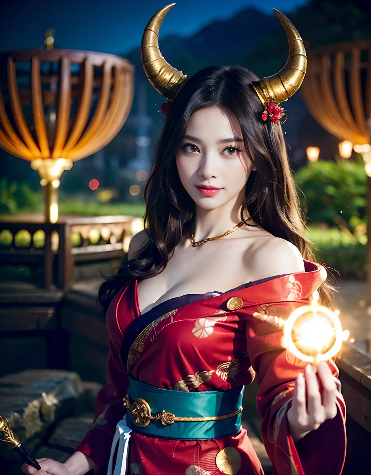 (((masutepiece,))),Professional , ​masterpiece、top-quality、photos realistic , depth of fields 、Raw photo、女の子1a person、glowy skin、（sexypose）、(Maple in full bloom),（Ultimate Beauty）、A dark-haired、Mystical expression、ultrasharp、(a temple background),（）、（shrine background)、（Kimono with a beautiful rainbow pattern）、（Night background）、Beautiful hair ornament on the head、,(intense fighting）,（（Precipitous cliffs））,(Wear a beautiful colorful kimono),（Wear a colorful and beautiful kimono）、（Japan Castle Background）、Jewel Gold Weapon、Particles of light),(intense fighting）、Gorgeous gold weapons ,Castle background、（（ Gorgeous Dragon Sword）） , （a dark night）,,（maikurobikini） 、（（Black Haired Beautiful Girl））、（Castle background）、（demonic wings）、（（Gangle's forest background））、Beautiful Caucasian beauty、１a person、dynamic ungle,(((Two devil's horns on the head)))、Smaller head、Idle Smile、Thin and beautiful female hands、Mystical expression、Light Effects、intense fighting、Wind-effect、magic circles、With the legendary magic wand、Dragon's tail、Anatomically correct fingers、Full Body Angle、Anatomically correct number of fingers、Full Body Angle、（cleavage of the breast）、