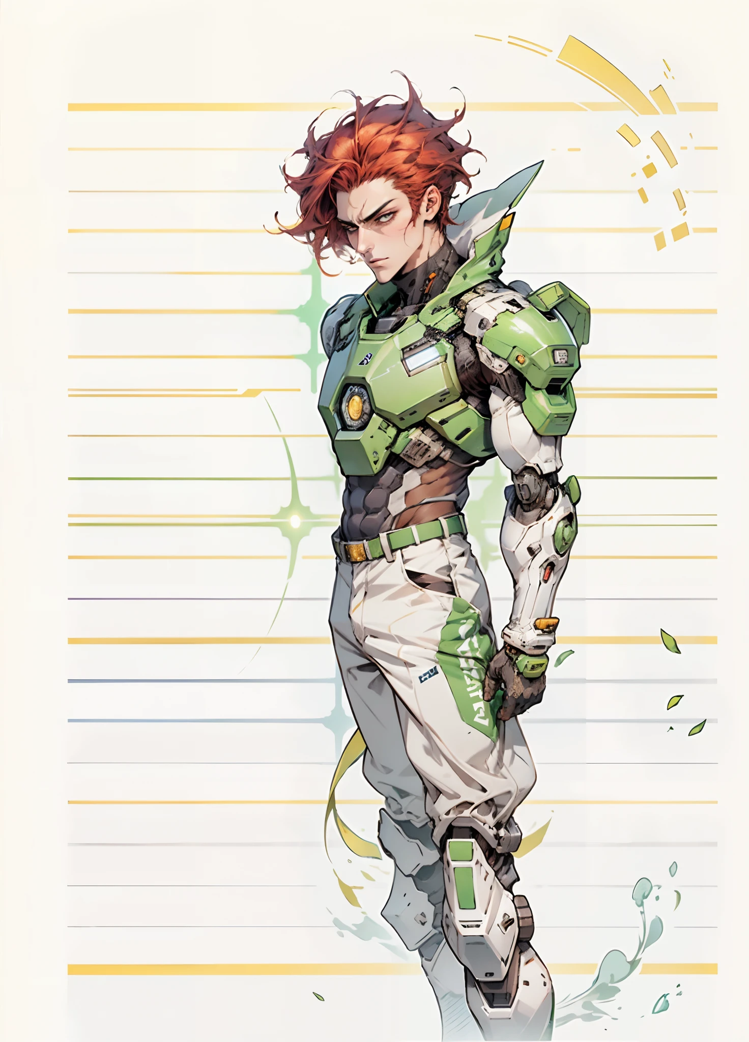 A man with short red-gold hair, hair slicked back, thick and disheveled hair, a cold and ruthless gaze, a confident expression, wears a two-piece futuristic military-style uniform, primarily in shades of white and red, accented by touches of yellow, streamlined wristguard gloves, matching trousers, he stands in a futuristic sci-fi-style hangar housing a colossal mech, stands within a futuristic sci-fi hangar, where a colossal mech is stationed, this character embodies a finely crafted futuristic military officer in anime style, characterized by an exquisite and mature manga illustration art style, high definition, best quality, highres, ultra-detailed, ultra-fine painting, extremely delicate, professional, anatomically correct, symmetrical face, extremely detailed eyes and face, high quality eyes, creativity, RAW photo, UHD, 8k, Natural light, cinematic lighting, masterpiece:1.5