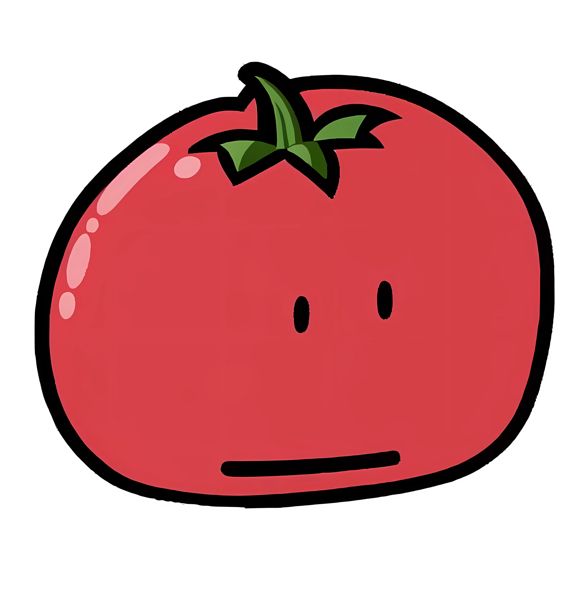 Cartoon tomatoes，It has a green stem on it, also tomato, Tomates, Thick lines, frowning expression, anger expression，Saddened expression