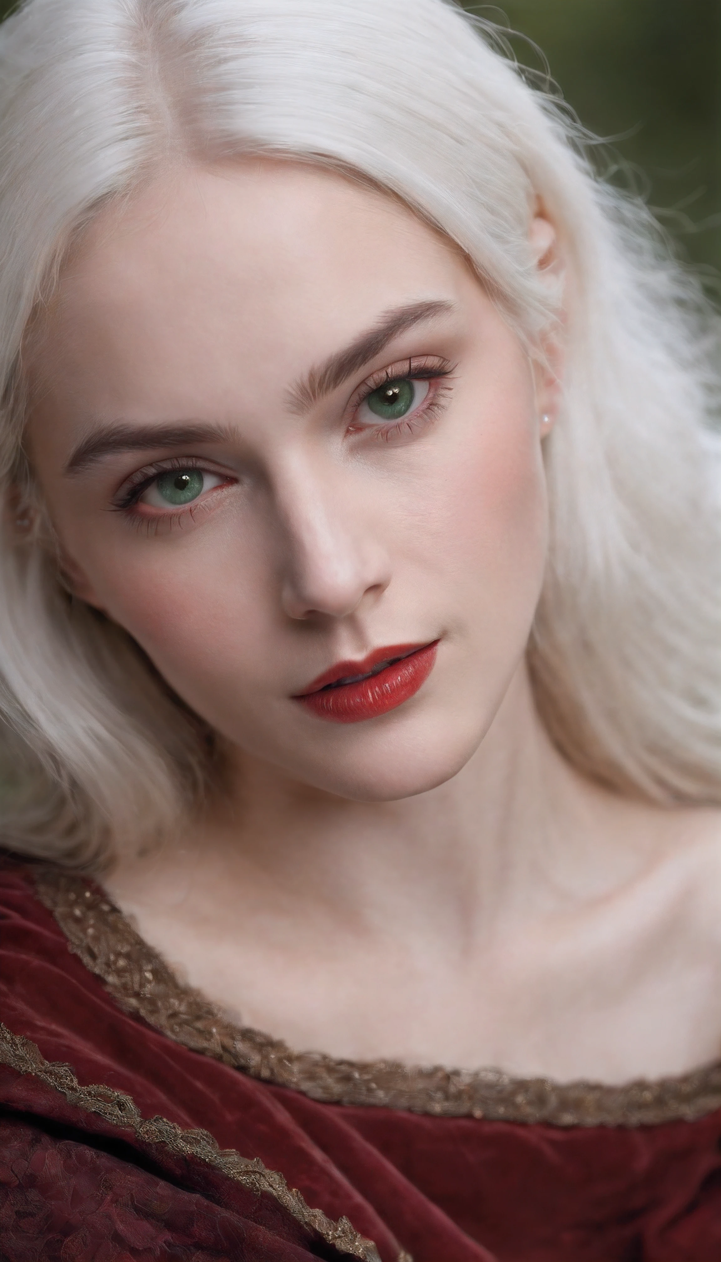 (((a deep reddish wound crosses her left cheek))) fair complexion, woman around 19 years old, natural white hair, distinctive green eyes, wearing kohl, slender and graceful, beautiful, candlelight in a medieval setting, ultra sharp focus, realistic shot, medieval female clothes, tetradic colors (scar:1.4)