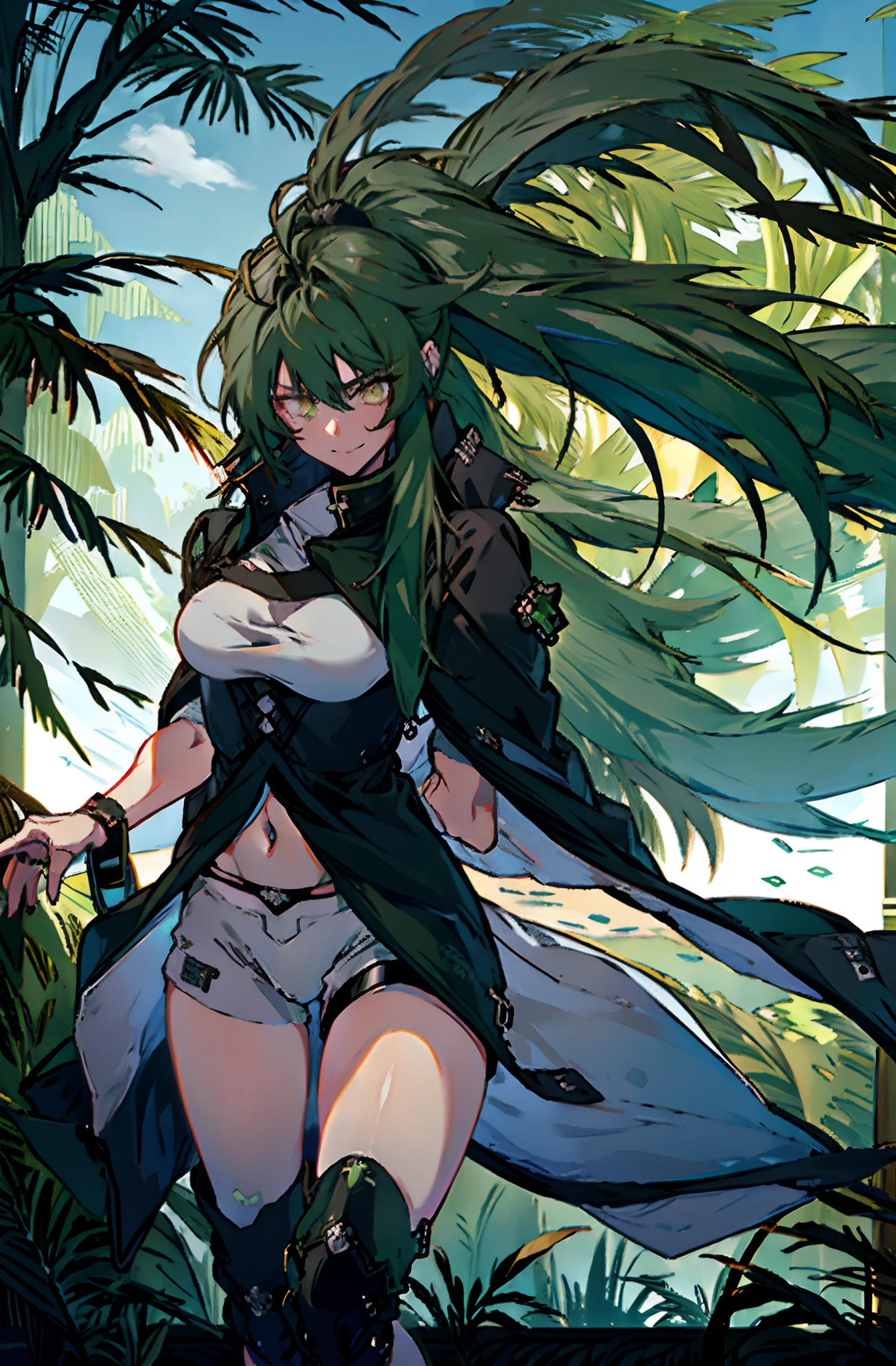 Pure sky，mechanical leg，Black mechanical legs，Plump legs，Green gem setting，Anime girl standing gracefully on the ground，Black cape and green hair, rogue anime girl, Anime girl standing, Wearing a cloak on the blasted plain, asuka suit under clothes!, Cyborg girl, badass posture, mechanic punk outfit, anime styled 3d, render of a cute 3d anime girl, gapmoe yandere grimdark, Female character，musculature，Abs，Glowing green eyes，Black hair with green gradient，extra very long hair，Bunched hair，Dull hair，（Muscle 2.0），Tomboyish，Be red in the face，looking at viewert，Elaborate Eyes，Black mechanical legs，huge tit，1.5，ssmile，Openwork black silk，Straight big breasts，strappy，Black openwork hot pants，White bandeau，Toothless smile，Lower breast，Mechanical wind，There are no cities，Side breasts，Excitation，Top crotch，Sexy lower abdomen，Camel toes，Big Green Knife，Sexy underarms，palmeiras