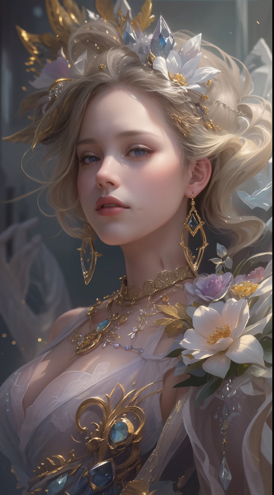 (Best quality,8K,A high resolution,Masterpiece:1.2),Ultra-detailed,(Realistic,Photorealistic,photo-realistic:1.37),Portrait,Creative style artwork,Historical,classical,Sophisticated,plethora of colors,Highly detailed,Soft lighting,luxurious environment,Delicate fairy flowing dress,Vibrant flowers,detailed jewellery,Ethereal atmosphere,Elegant Pose,Graceful curves,Gold body proportions，Flowing hair,Breathtaking textile patterns,Clear shiny purple eyes,Delicate floral decoration,A dazzling array of crystal diamond fittings,Mysterious and dreamy atmosphere,Impeccable attention to detail.