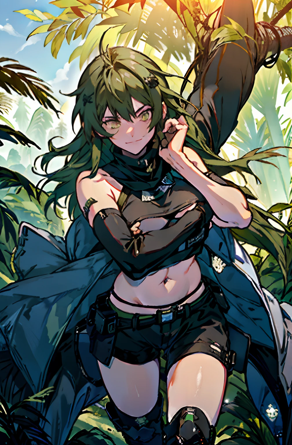 Pure sky，mechanical leg，Black mechanical legs，Plump legs，Green gem setting，Anime girl standing gracefully on the ground，Black cape and green hair, rogue anime girl, Anime girl standing, Wearing a cloak on the blasted plain, asuka suit under clothes!, Cyborg girl, badass posture, mechanic punk outfit, anime styled 3d, render of a cute 3d anime girl, gapmoe yandere grimdark, Female character，musculature，Abs，Glowing green eyes，Black hair with green gradient，short detailed hair，Bunched hair，Dull hair，（Muscle 2.0），Tomboyish，Be red in the face，looking at viewert，Elaborate Eyes，Black mechanical legs，huge tit，1.5，ssmile，Openwork black silk，Straight big breasts，strappy，Black openwork hot pants，White bandeau，Toothless smile，Lower breast，Mechanical wind，There are no cities，Side breasts，Excitation，Top crotch，Sexy lower abdomen，Camel toes，Sexy underarms，ultra gigantic tits，Raised his hand，Tie your hair backhanded，cropped shoulders