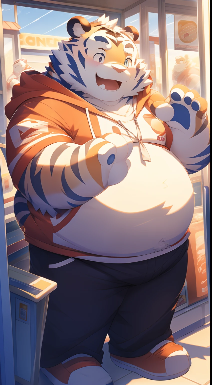 White wolf，boy，juvenile，Brown hair，Orange pupils，obesity，Big Belly，Fat chest，Sit in a gaming chair，Play games，Eat potato chips，Drink Coke，earphone，monitor，The main chassis，fan，Wear white socks，Blue Jacket，Black drawstring loincloth，Dark bedroom environment，Blue and pink light strip，Technology