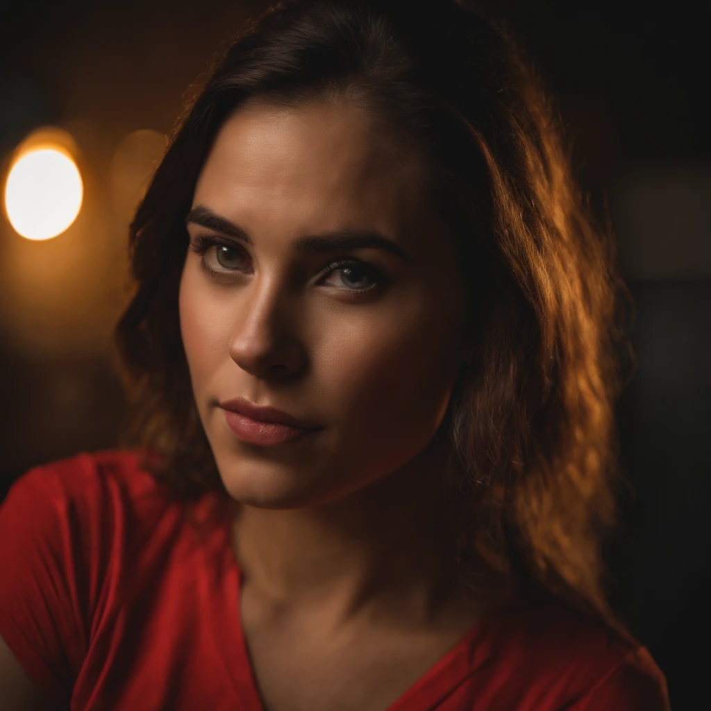 A hot girl,wearing a red tshirt,closeup of face, realistic