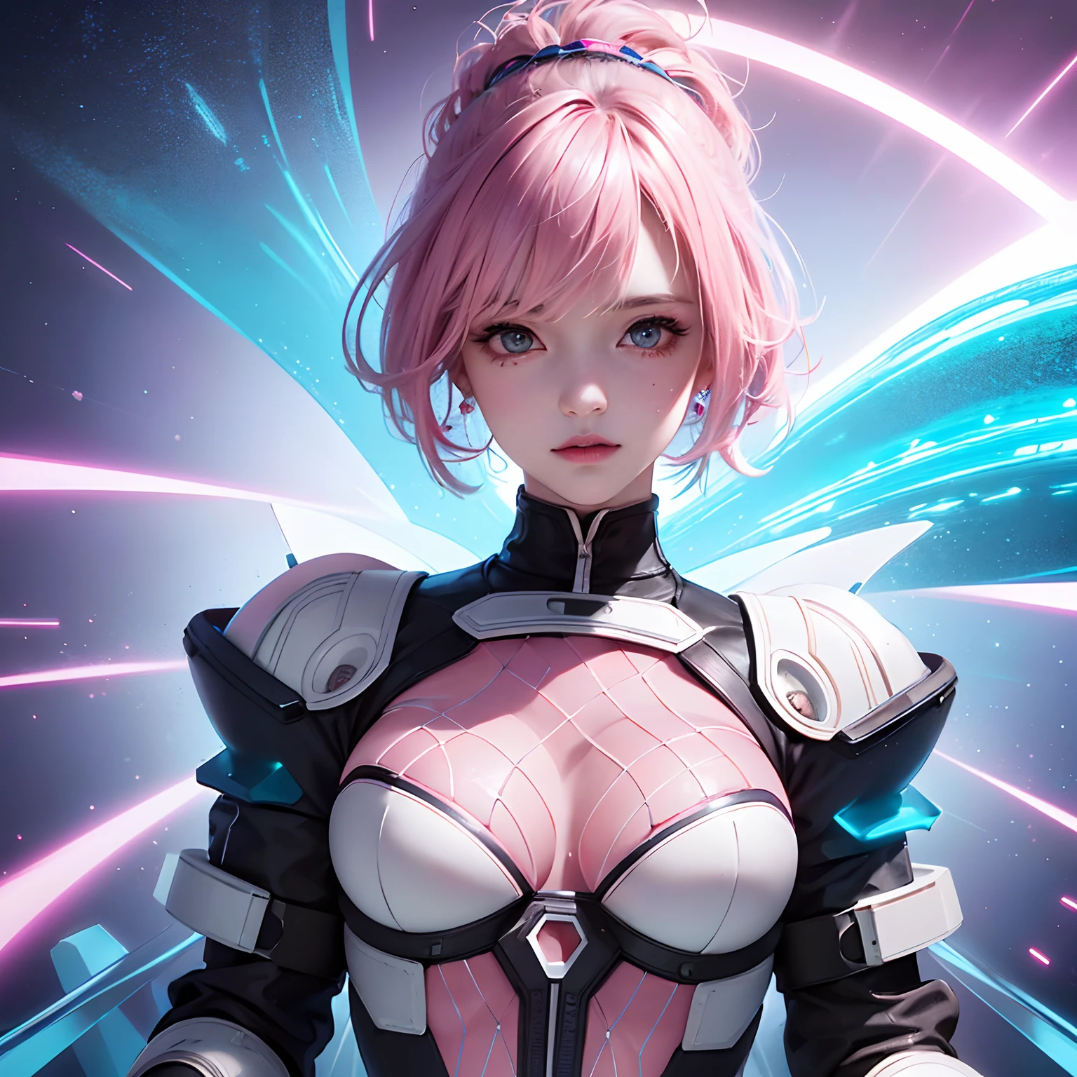 (Highly detailed: 1.2), (Canon EOS R6 Top Quality: 1.2), Detailed face, (award - winning photo: 1.2), ( ultra-detailed hair: 1.2), (Full body: 1.2), Neon glow, RPG, Dramatic Lighting, (Highly detailed futuristic cityscape:1.2), (scientific fiction: 1.2), professional portrait photo, ((Pink and blue mesh hair)), short-hair, Shiny hair, Wet hair, Mole under the eyes, Heart-shaped pupil, Gradient Eyes, PUPILS SPARKLING, Smile with the corners of your mouth raised, Cinematic lighting, reflective light, One-person viewpoint, three sided view, Textured skin, Super Detail,((Shiny white clothes)),((space suits)),