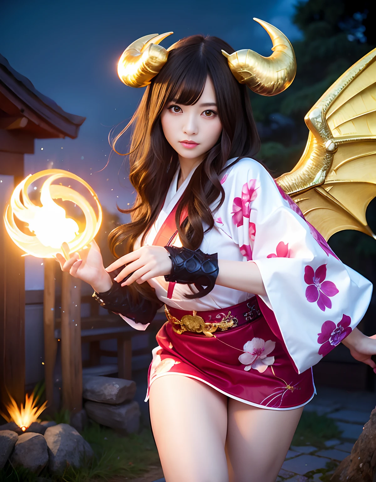 ((World of Darkness)),Professional , masterpiece、top-quality、photos realistic , depth of fields 、(sexypose)、(Background of cherry blossoms in full bloom),(Ultimate Beauty)、A dark-haired、(Fight ninjas)、(Kimono with beautiful pattern)、(Night background)、((a dark night)),(Wear a beautiful kimono),(Wear a beautiful kimono with colorful floral patterns)、Jewel Gold Weapon、Particles of light),(Has a devil's mask)、Gorgeous gold weapons ,(( Gorgeous Dragon Sword)) , (a dark night),,(maikurobikini) 、((Black Haired Beautiful Girl))、(Castle background)、(demonic wings)、((Gangle's forest background))、Beautiful Caucasian beauty、1a person、dynamic ungle,(((Two devil's horns on the head)))、Smaller head、Idle Smile、Thin and beautiful female hands、Mystical expression、Light Effects、intense fighting、Wind-effect、magic circles、With the legendary magic wand、Dragon's tail、Anatomically correct body、