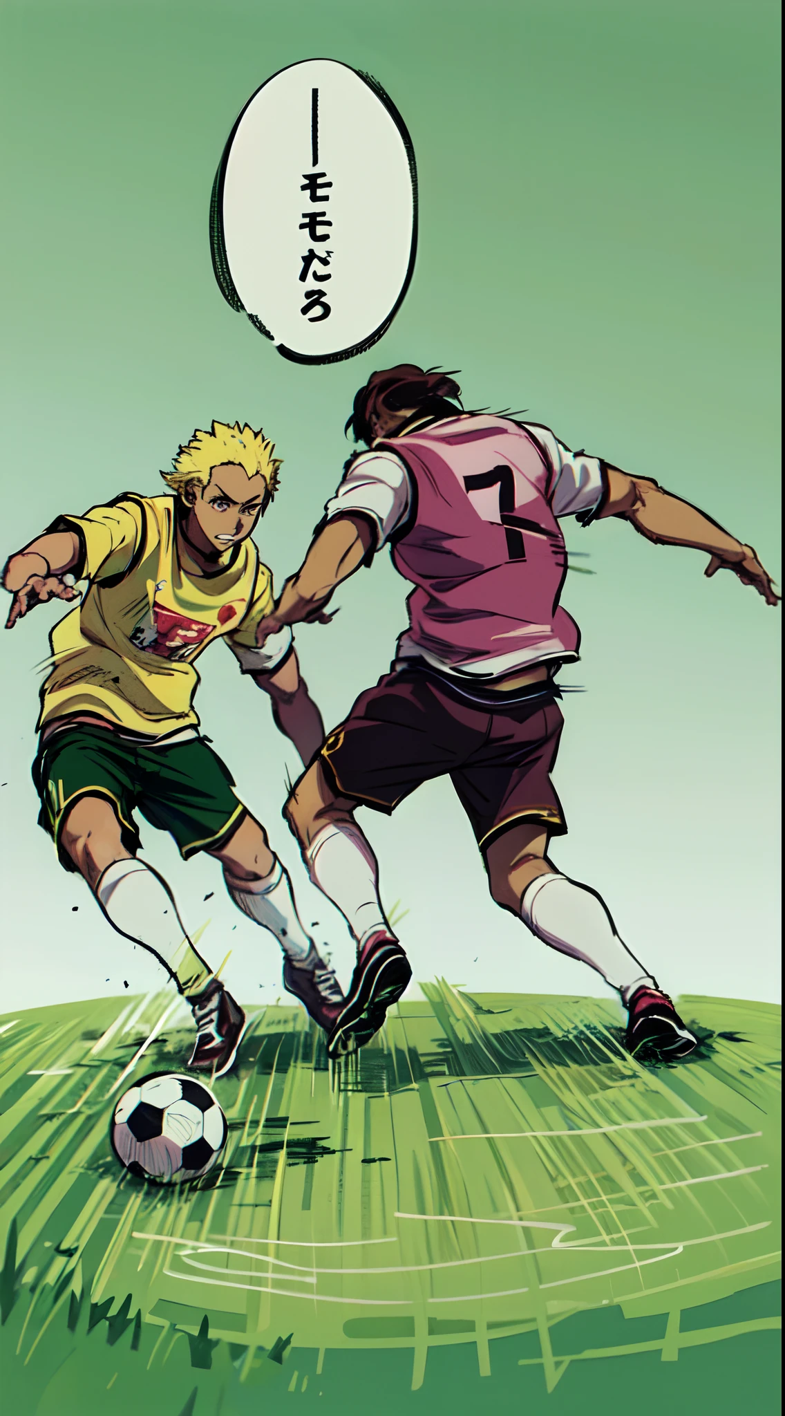 a anime of a boys cartoon, playing soccer, ball, manga, text manga, color manga, manga color, color manga, color manga panel, grass, a simple background