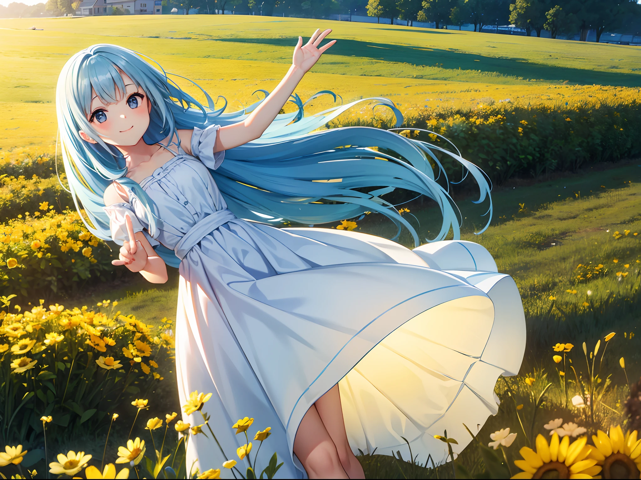 One side of bread pasta glass　Beautiful girl nestled in the meadow　Long light blue hair　Black eyes　adorable smiling　Yellow and brown long dress swaying in the wind　Face Highlights