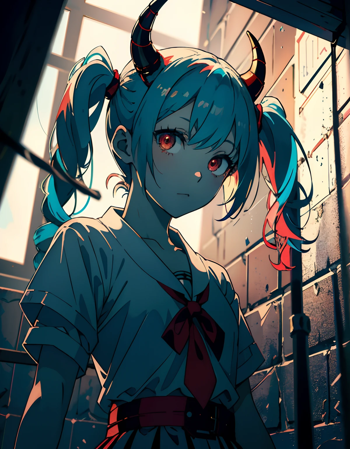 ((masterpiece, best quality)), (1girl, anime girl in dark prison),(loli, little girl, prisoner, devil horn), (solo), (female focus), (light cyan hair, twintail),red eyes, ((pale skin)), pale skin, evil, vicious, yandere, portraits, close up, upper body, vibrant colors, soft lighting