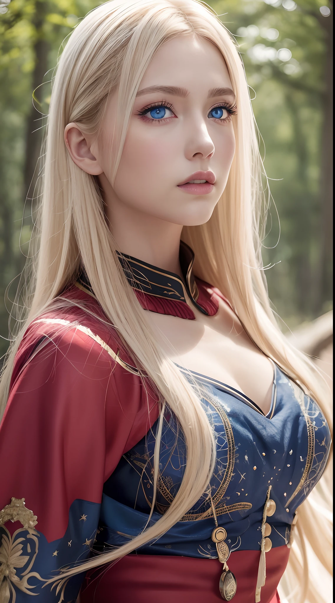 Best quality, 4K, high resolution, Masterpiece:1.2, super ultra detail, (Realistic, Photorealistic, photo-realistic:1.37), Vibrant red and blue eyes,Strong gaze,Mesmerizing eye contact,Fire-red iris,Dark blue shining stars,Shining pupils,Vivid colors,Portrait,Fantasy art,Magical red light,Ethereal beauty,pink color palettes,Heterochromia is described in particular detail,Long yellow hair。