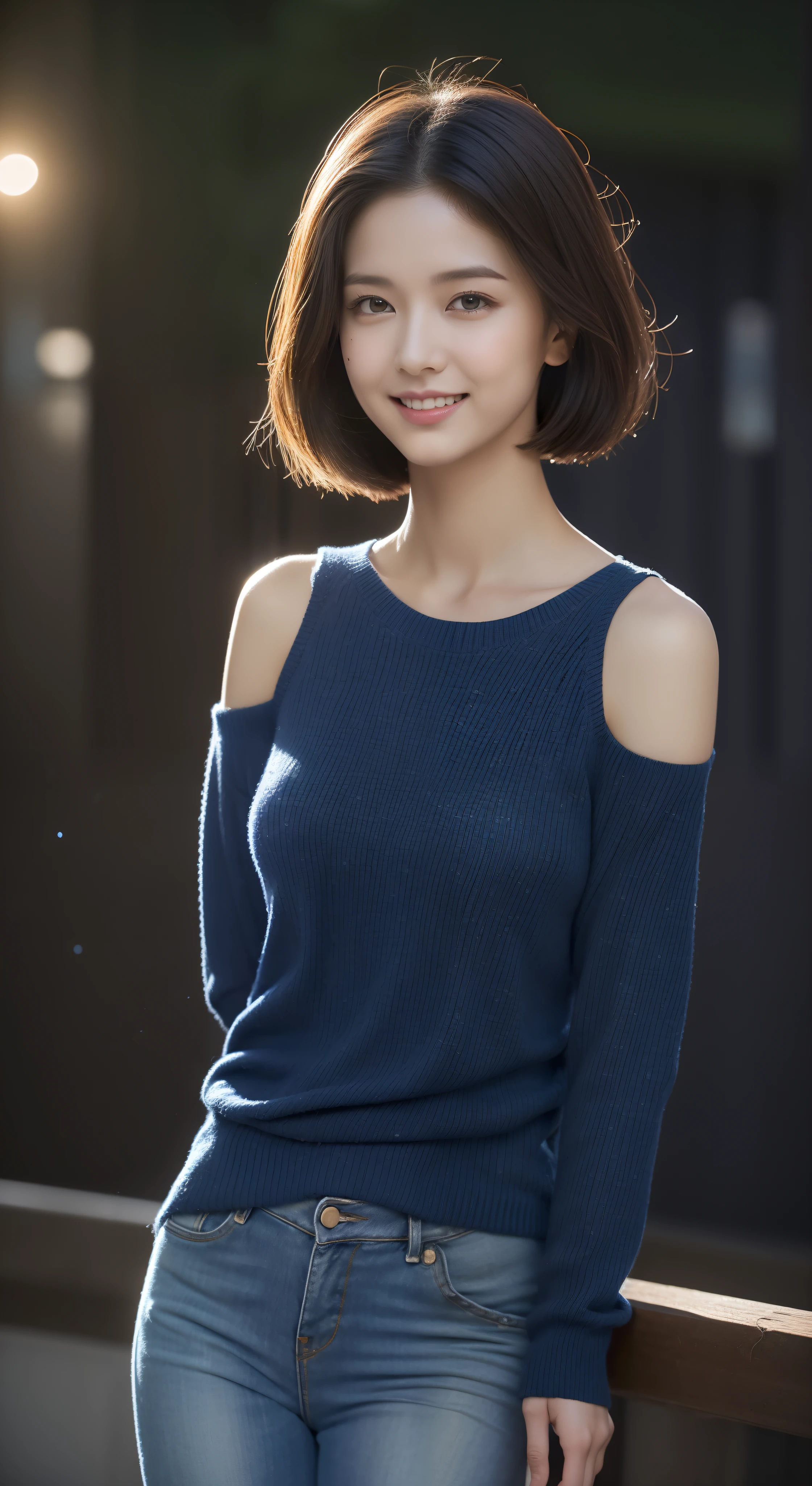(skin blemish:1.2), (skin indentation), dark circles, 1womanl, 25 age old, (((woman))), Solo, Realistic, Best quality, Photorealistic, Mastery, 8K, A high resolution, Solo, Extremely detailed face, (Professional lighting,Bokeh),(light particules,lens flare glow,Luminous Particle:0.6),(dynamicposes:1.2),gentlesoftlighting,Top corner view,Trendy atmosphere,jpn,the street,城市,toyko,ports,((In the daytime)), Skysky, ((looking at viewert:1)), (looks into camera), opulent, lovemaking,Dignified standing,Shows the golden ratio of the body,The posture is diverse, keep original facial proportion, Shave your shoulders, full bodyesbian, (Bigchest), (short detailed hair,bobo head), A brown-haired, Hair is delicate and soft,Fluttering, cparted lips, lipsticks, Seductive smile, ssmile, Open-mouthed, teeth, (Blue skinny sweater), (Wash blue)(skintight jeans),detailed outfits:1.5, eyeslashes, birthmark, (Moles under eyes: 1),(((The calves are well-proportioned, Slender and fair))),(((A pair of jade feet sparkled,without wearing shoes,Beautiful feet))),Focus on the waist and hips,Standing position,fully body photo