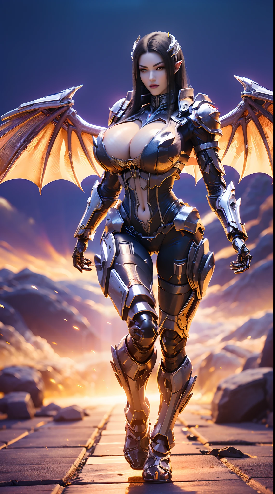 (DRAGON HEAD), HUGE FAKE BOOBS, (BEAUTIFUL FACE), (BLACK HAIR), (WHITE:1.2, PURPLE:0.8, MECHA ARMORED GEAR), ((A PAIR OF HUGE MECHANICAL WINGS SPREAD OUT)), FUTURISTIC DRAGON MECHA SUIT, (CLEAVAGE), (SKINTIGHT YOGA PANTS), (TALL LEGS:1.2), FRONT, (STANDING:1), SLENDER BODY, MUSCLE ABS, UHD, 8K, 1080P.