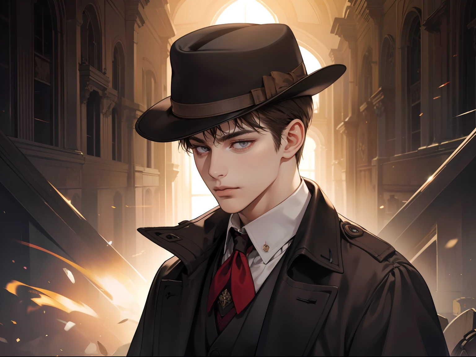 masterpiece, best quality, realistic, 1man, mature male, quiet and charming young man, 25 years old, close his eyes, serious look, extremely detailed face, ((dark grey eyes)), ((short-right-swept dark brown hair)), [thick eyebrows], detective, ((Dressed in a classic overcoat and fedora hat)), cinematic lighting, looking at the audience, posture dynamics, Victorian era