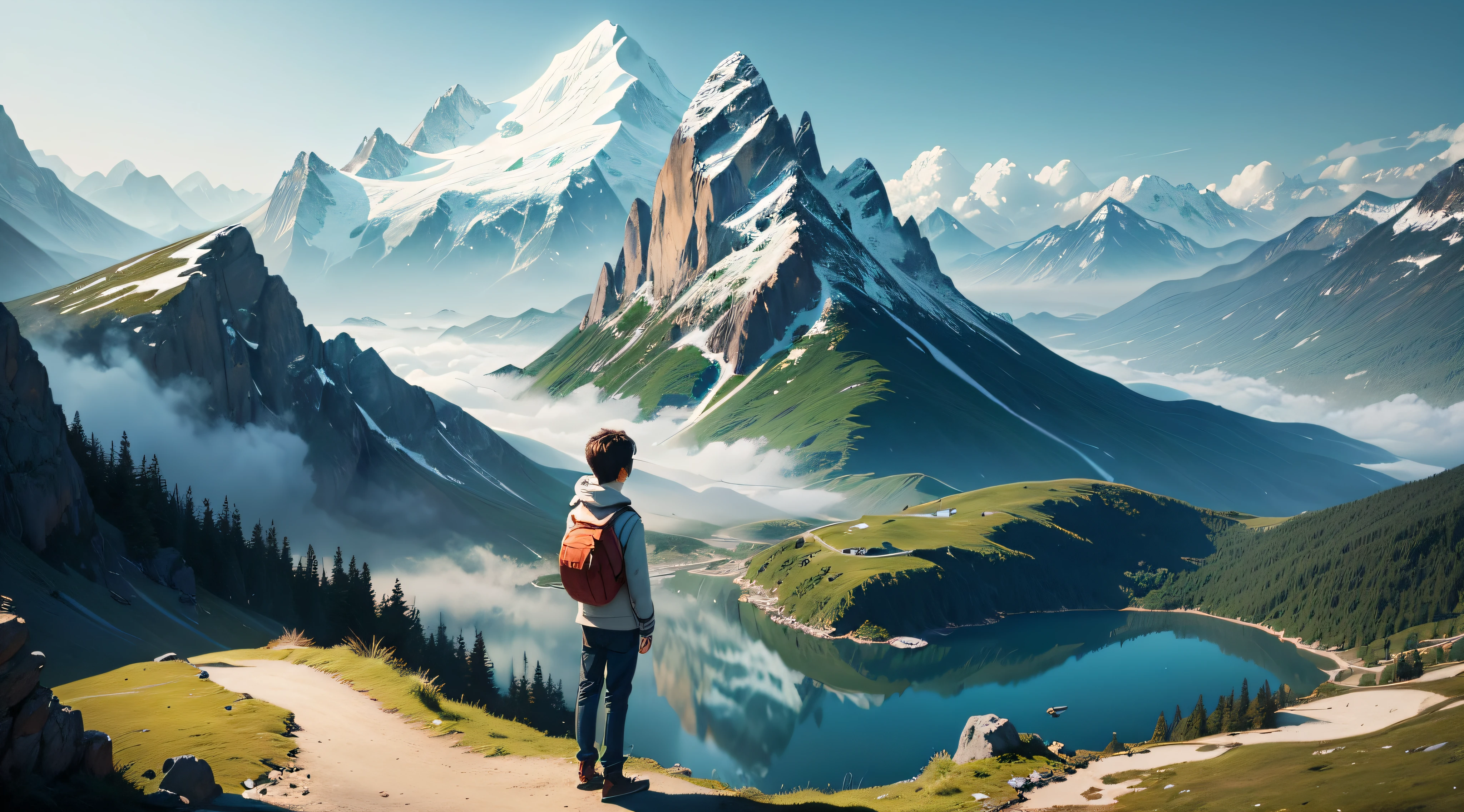 Arafed man standing on a mountain top looking at a lake - SeaArt AI