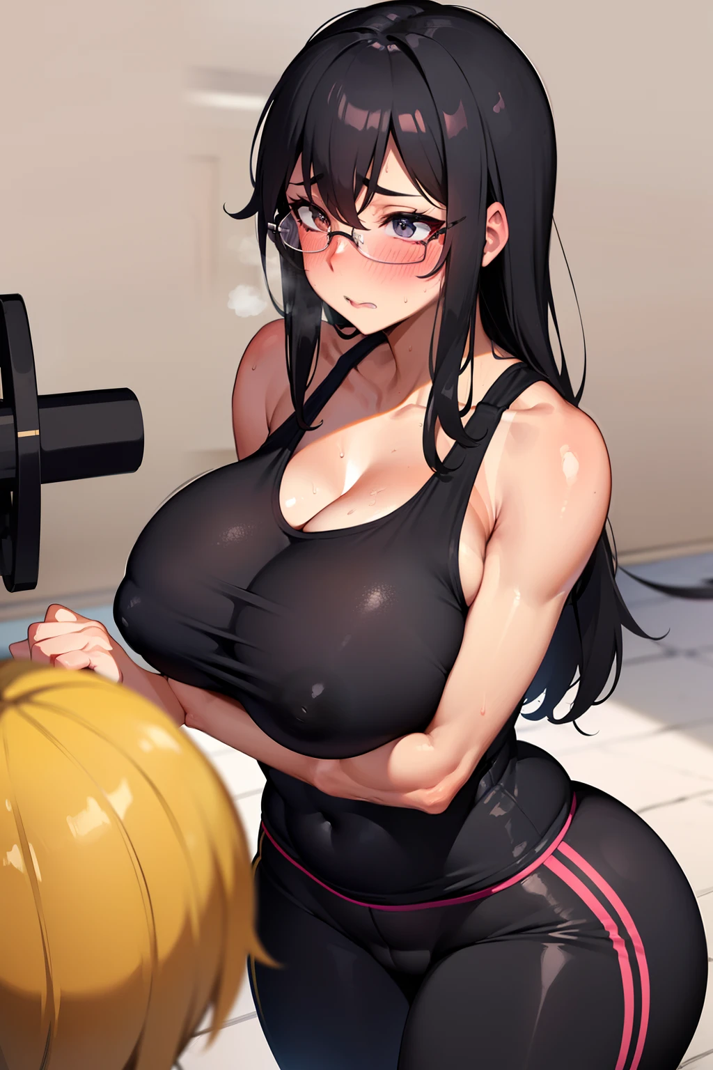 gym, exersice,milf, mom, workout, hot, sweating, sweaty, tan, big boobs, tan skin, lifting, flustered, blush, black clothes, , black hair, glasses, big mommy, milf, long hair, yoga pants
