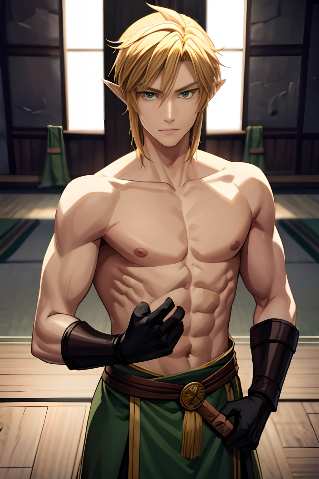 blond, tall, green-eyed guy, viking style, russian hero style, strong, anime style, anime , link, ( short gloves), standing, (topless:1.3), demigod , (muscular:0.5)(from above:0.1),(sport:0.2), (empty dojo),(smiling:0.5), (dominant),(evil:0.4)(confident)(sadistic:0.3)(adult:1)(masculine:0.4)(slender:0.4)(from below:0.3)(powerful)(looking at viewer),