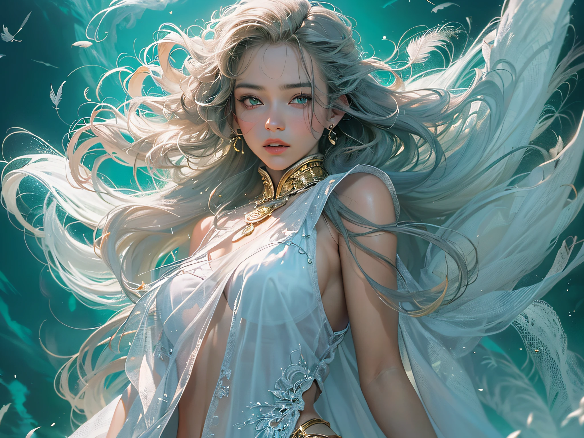 (a venus wearing a see-through silk toga:1.2),standing quietly,( soaring white feathers, wind blowing through, flowing hair, blue tone:1.2), shiny skin ,ultra-detailed face, detailed eyes, lustrous lips ,skinny physique, beautiful figure, elegant, vivid colors ,(official art, unity 8k wallpaper, ultra detailed, beautiful and aesthetic, masterpiece ,best quality, photorealistic:1.3),