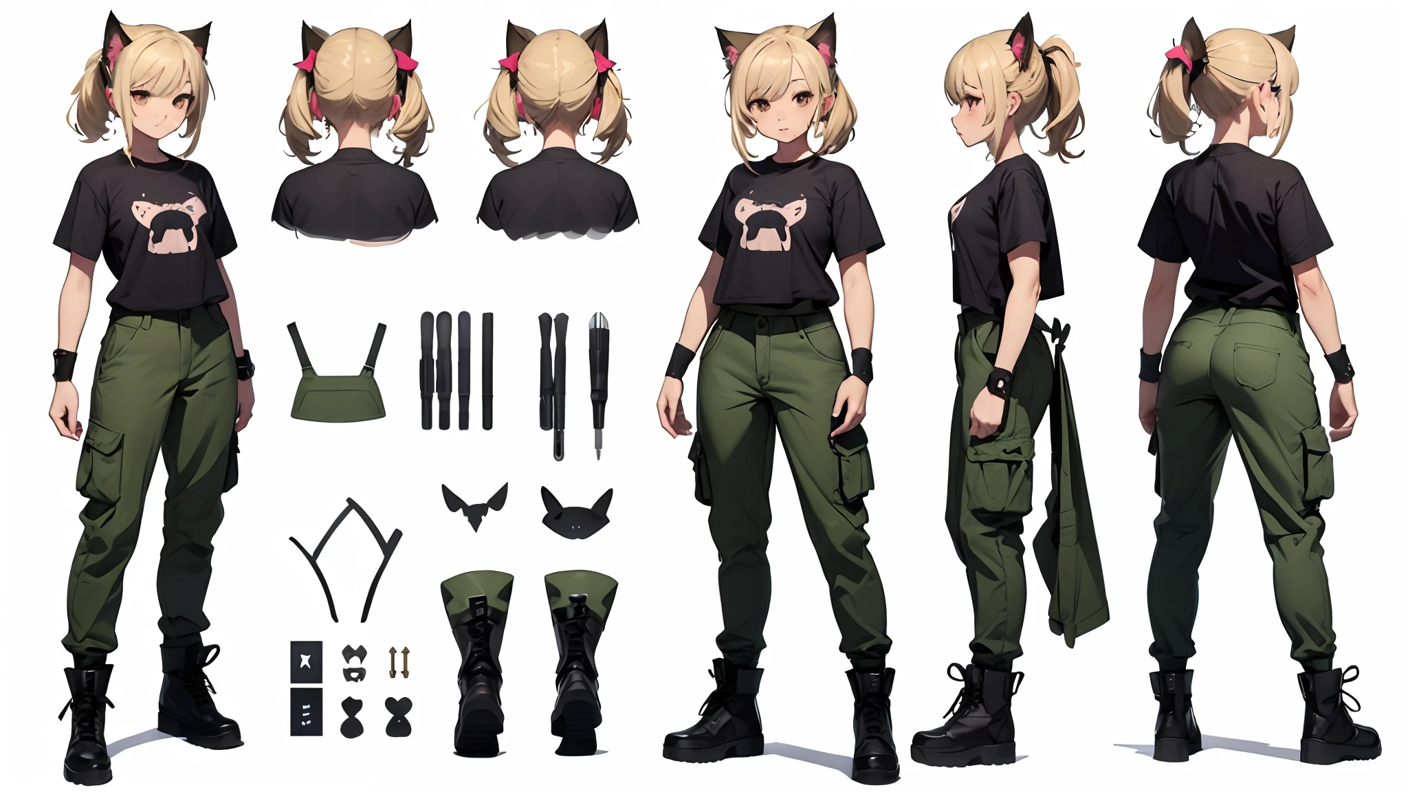 (Masterpiece, best quality), detailed, ((character concept art)), ((character design sheet, same character, front, side, back)), many items, (1girl, (monstergirl, catgirl), t-shirt, cargo pants, military boots, many parts), (light skin color:1) , (brown eyes), detailed face, random expressions, athletics physical form, (cat features, cat tail, cat ears), blonde hair color,  detailed hair, high ponytail style haircut, full of details, (simple background, white background: 1.3)