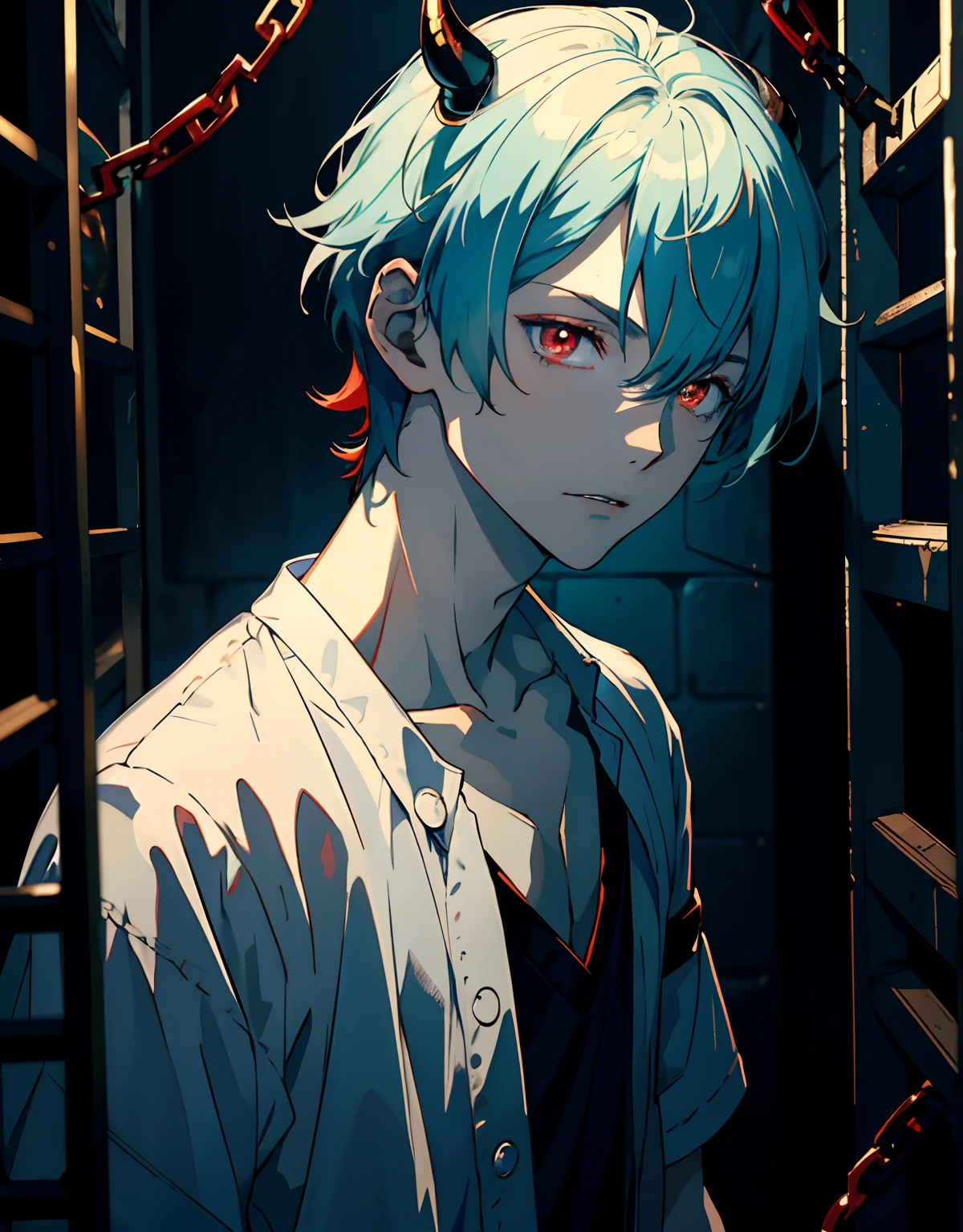 ((masterpiece, best quality)), (1boy, anime boy in dark prison),(little boy, prisoner, devil horn), (solo), (male focus), (light cyan hair),red eyes, ((pale skin)), pale skin, evil, vicious, yandere, portraits, close up, upper body, vibrant colors, soft lighting