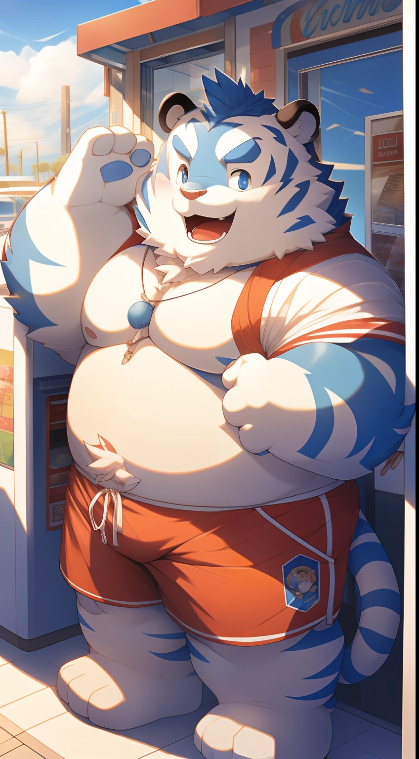 tmasterpiece,Anthropomorphic white tiger,male people,16 yaers old,Thick eyebrows,Blue fur,hairy bodies,Strong body,Lipid-wrapped muscle,Bare topless,Red shorts,Stand in front of a convenience store,Greetings are waving,ssmile,looking toward the viewer,clear double eyes,adolable,Solo,frontage,Full body photo