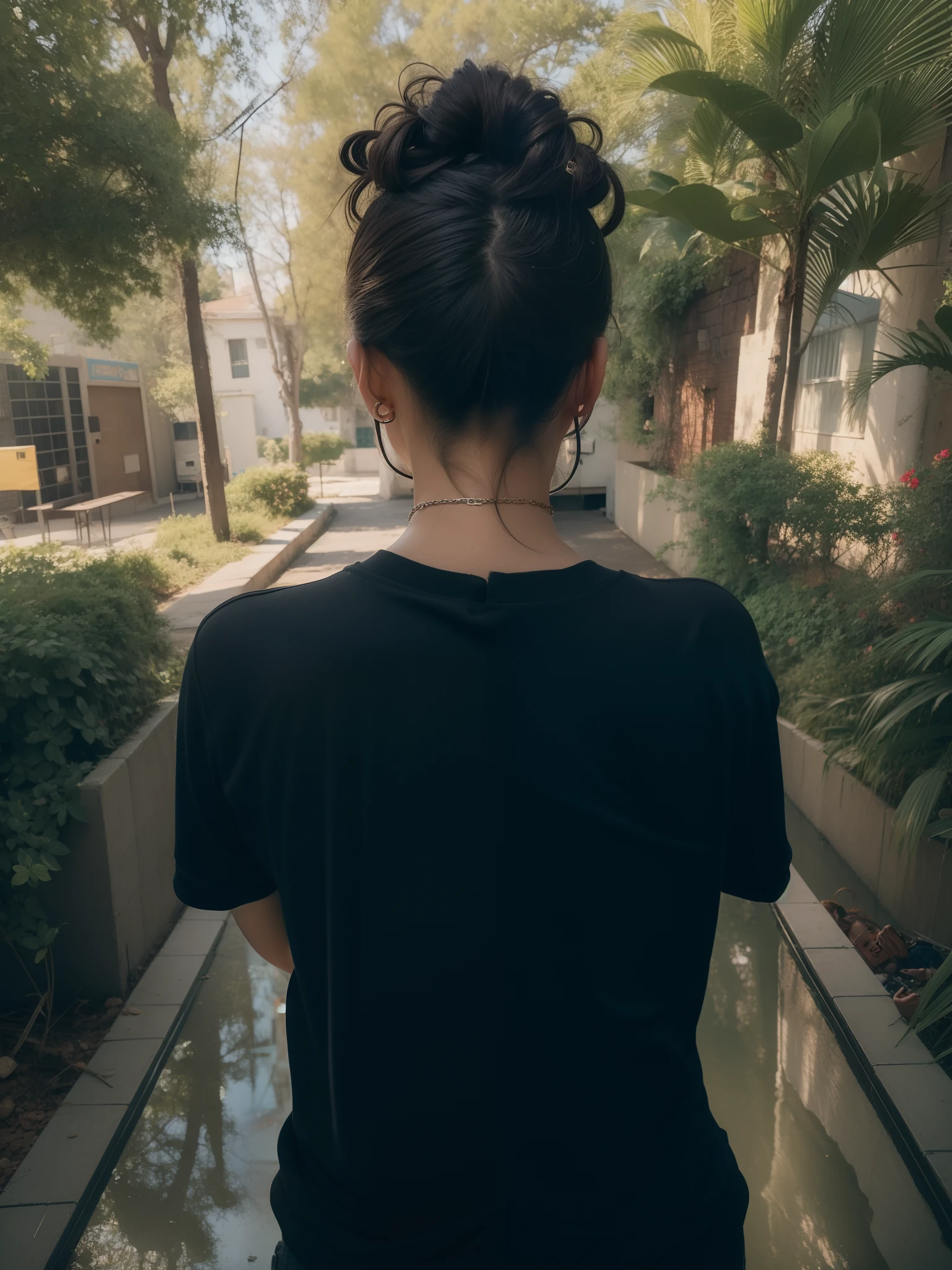 (beautiful waterhole reflection), on the flag stone path, breeze blow ,(anime style), (cinematic lighting), (ray tracing), ((reflection light)), ((half-body-shot)), atmospheric perspective, masterpiece, accurate, ((best quality)), high quality, super detail, high details, anatomically correct, highRes, 1080p, hyper realistic, Masterpiece, Best Quality, 1boy, solo, crop-top, Behind Your Back, Against a wall, looking a viewer, A bracelet, cyber punk perssonage,female,solo person,long whitr hair,black hair,curlies,ear studs,bangle,hoody,Firefighter jacket,Armored boot, 8K resolution, intricate clothes, intricate details,