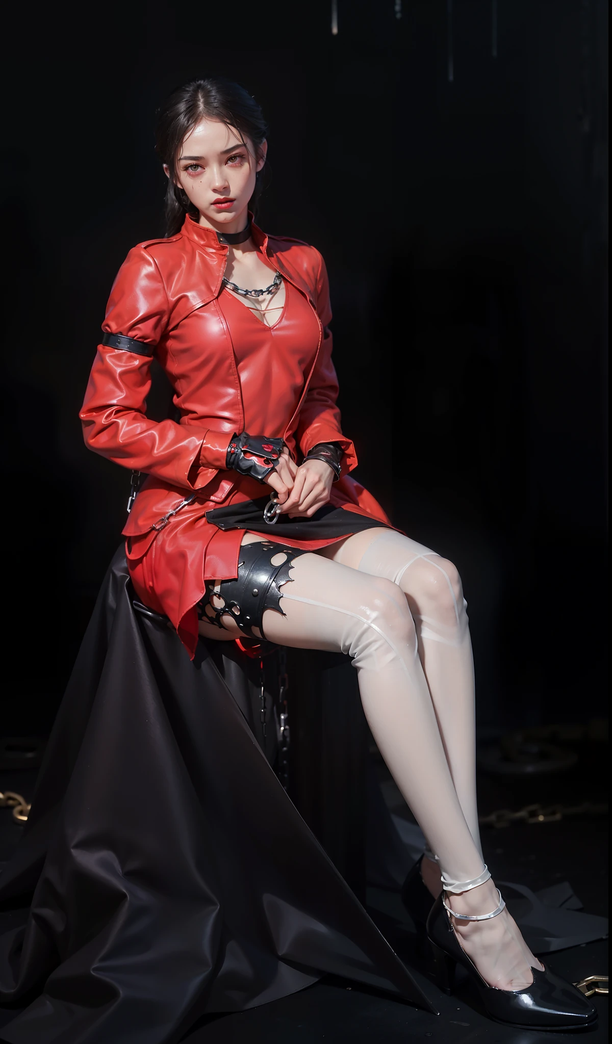 ,((Wearing a torn sheer costume of a superheroine)),(, No bra)), Wet crotch, Wet thighs, Beautiful girl with accentuated slender abs: 1.4, (((nipple tips protruding, areola is protruding, The shape of the pubic region is clearly visible)), sixpack abs: 1.4, Bust Botox, Photo, Sharpness, Unique 850 4, Koda850 k portrait camera, F1.6 shots, Ultra-realistic textures, Spectacular light textures, Cinestil 800 Fashion Mechanics, (futuristic sci-fi battle fashion: 1.1), (tied perfectly by chain), Restraint, Slaves, collars, ((wide prison with sunlight)), Dark fantasy, Realistic material details, extreme hight detail, Ultra-realistic materials ((Torn costume))), Wet, Cloudy, (Chained)), ((big emphasized by chains)), ((chains digging into crotch)), ( (Collar)), (, No bra), shredded costumes, broken golden shields and battle spears,, White combat gloves, Combat shoulder armor, Blood splattered on the face, Blood splattered, Realistic, (Bruises, Dirty, ripped clothing, skimpy clothing, Blood: 1.3), Torn Cape, Torn pantyhose, Long legs, ((iron pipe in the crotch)), Metallic shackles and fetters, ((chains hung from heaven)), Wet crotch is clearly visible, Swarovski's sword and the anatomy beneath his feet, (futuristic sci-fi battle fashion, Torn mesh stockings),