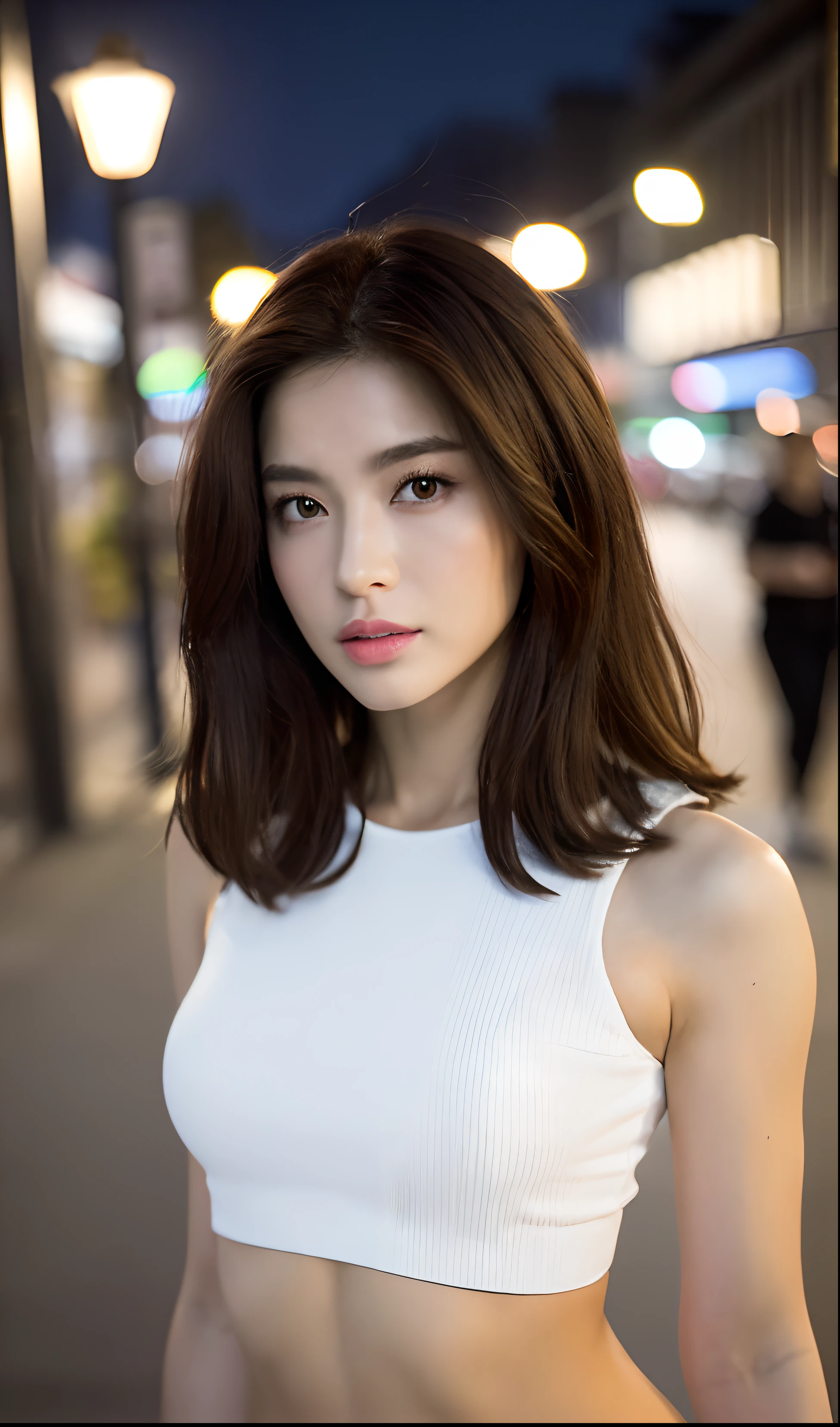 ((Realistic lighting, Best quality, 8K, Masterpiece: 1.3)), Clear focus: 1.2, 1girl, Perfect Figure: 1.4, Slim Abs: 1.1, ((Dark brown hair)), (White crop top: 1.4), (Outdoor, Night: 1.1), blurry City streets , Super fine face, Fine eyes, Double eyelids,