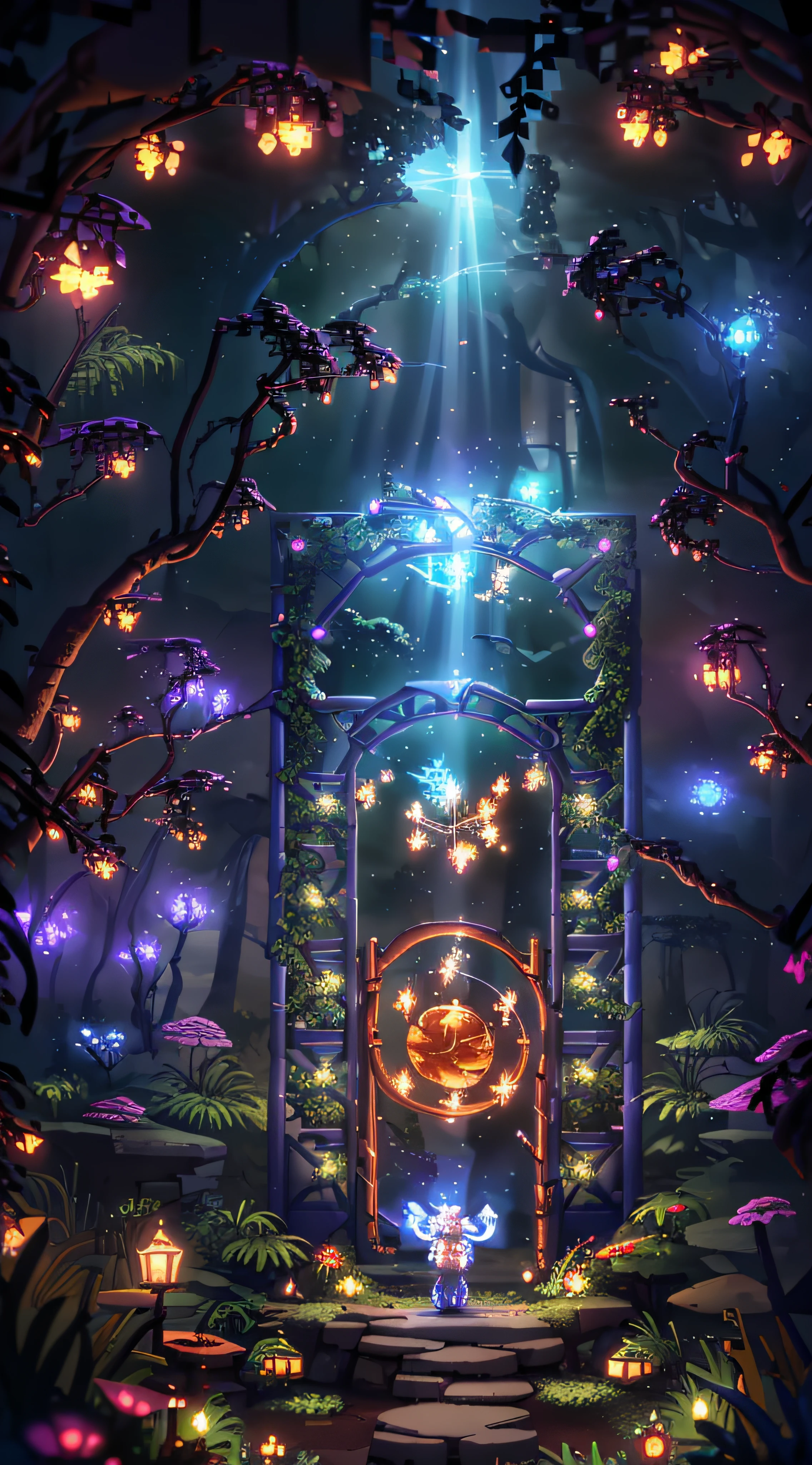 (Digital Artwork:1.3) of (Sketched:1.1) octane render of a mysterious dense forest with a large (magical:1.2) gate (portal:1.3) to the eternal kingdom, The gate frame is designed in a round shape, surrounded by delicate leaves and branches, with fireflies and glowing particle effects, (UI interface frame design), (natural elements), (jungle theme), (square), (leaves) , (twigs), (fireflies), butterflies, (delicate leaves), (glow), (particle effects, light engrave in intricate details, (light particle:1.2), (game concept:1.3), (depth of field:1.3), global illumination,Highly Detailed,Trending on ArtStation.