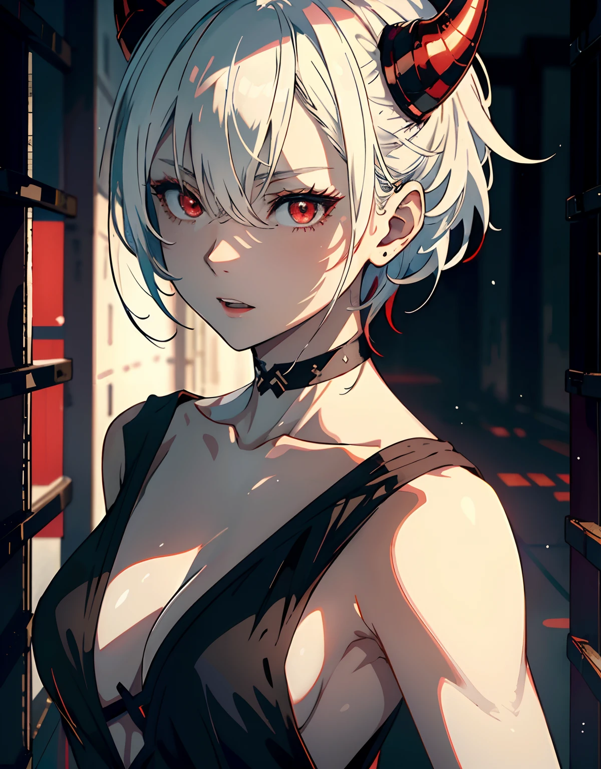 ((masterpiece, best quality)), (1girl, anime girl in dark prison),(mature, devil horn), (solo), (female focus), (white hair, medium hair),red eyes, ((black short dress, collarbone, exposed shoulder)), pale skin, evil, portraits, close up, upper body, vibrant colors, soft lighting