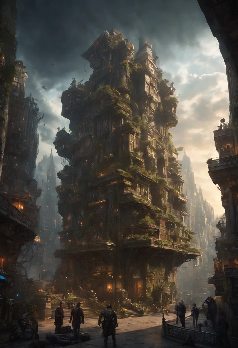 Fantasy Art, ultra wide-shot, Painting, Detailed , deviantart, contest winner, Concept art, , tim hildebrandt, Fantasy, ((((cyberpunk City)))) , , Night time , , fantastic realism, art stations ,, Style of Adrianus Eversen ,Not aesthetic architecture, Movie Still,Greg Rutkowski, Creates a landscape reminiscent of an Inception movie, A place where reality becomes a labyrinth of changing architecture and gravity-defying landscapes. Embrace the surreal and mind-bending nature of the concept, Create a scene that challenges perception. Using intricate details and dynamic design、Immerse the viewer in a world where the laws of physics are rewritten. Depicts the sense of awe and disorientation evoked by the Inception film.Minced meat