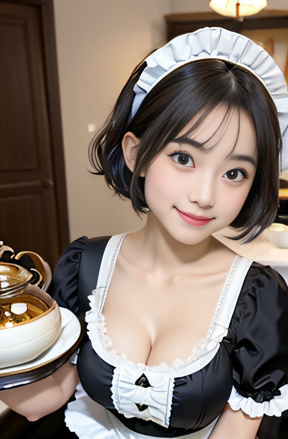 1girl,18 years old,(cleavage between breasts:1.2), beautiful eyes,smile, japanese idol, extremely pretty, cute, perfect face, fascinating smile, captivating smile, happy smile, large round eyes, Gentle facial expression, (Carrying awestern style teapot placed on a Western-style tray:1.3), looking at the viewer, 1girl, masterpiece,realistic, white panties,round big eyes, shiny skin,small nostrils,light makeup, (french traditional black maid costume:1.2),maid headdress,short hair,socks, shallow depth of field,
