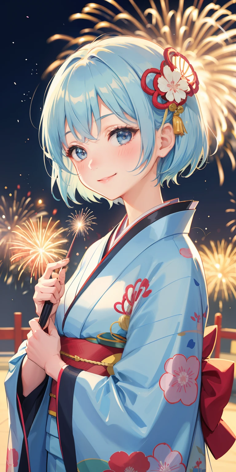 1girl , short hair, light blue hair, kimono suit, smiling, blush, fireworks, glowing, sidelighting, wallpapers
