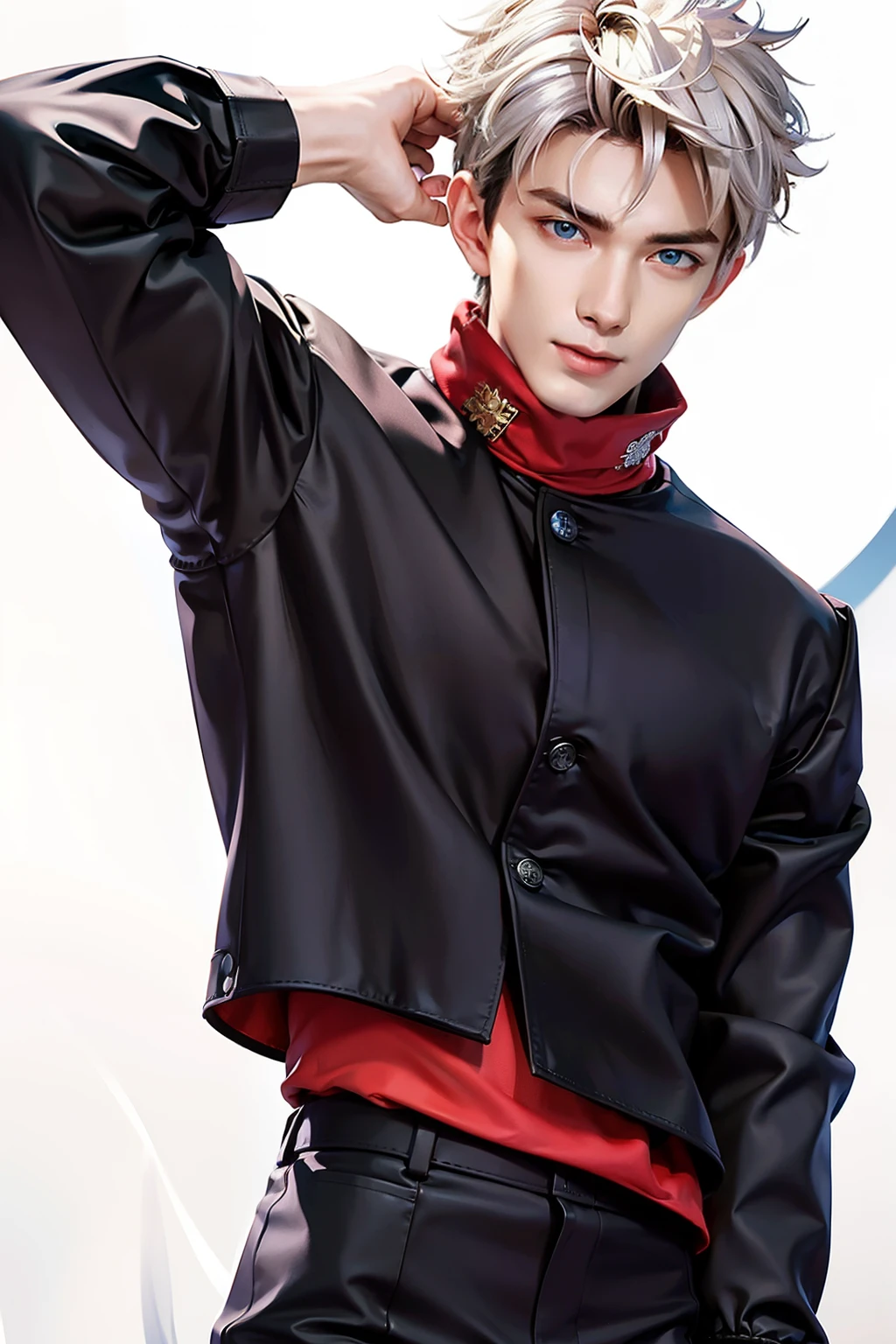 masculine male, masterpiece, ((perfect eyes)) best quality, (semirealism:1.9), beautiful lighting, (extremely detailed CG unity 4k fhd wallpaper), High Detail, Sharp focus, dramatic outdoors, 1 boy ,19 years old, white hair, light purpel eyes, smile.