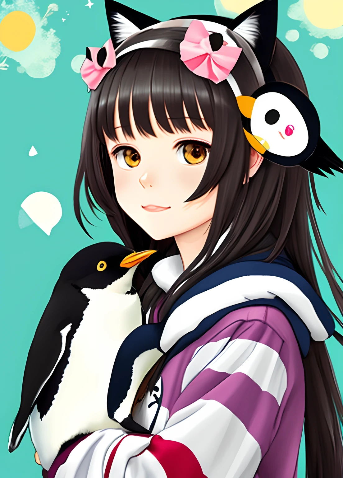 Female Cute Penguin Lover Micra Cat Lover Anime Style Kazmin Penguin Older Sister Has Cat Ears on Her Head