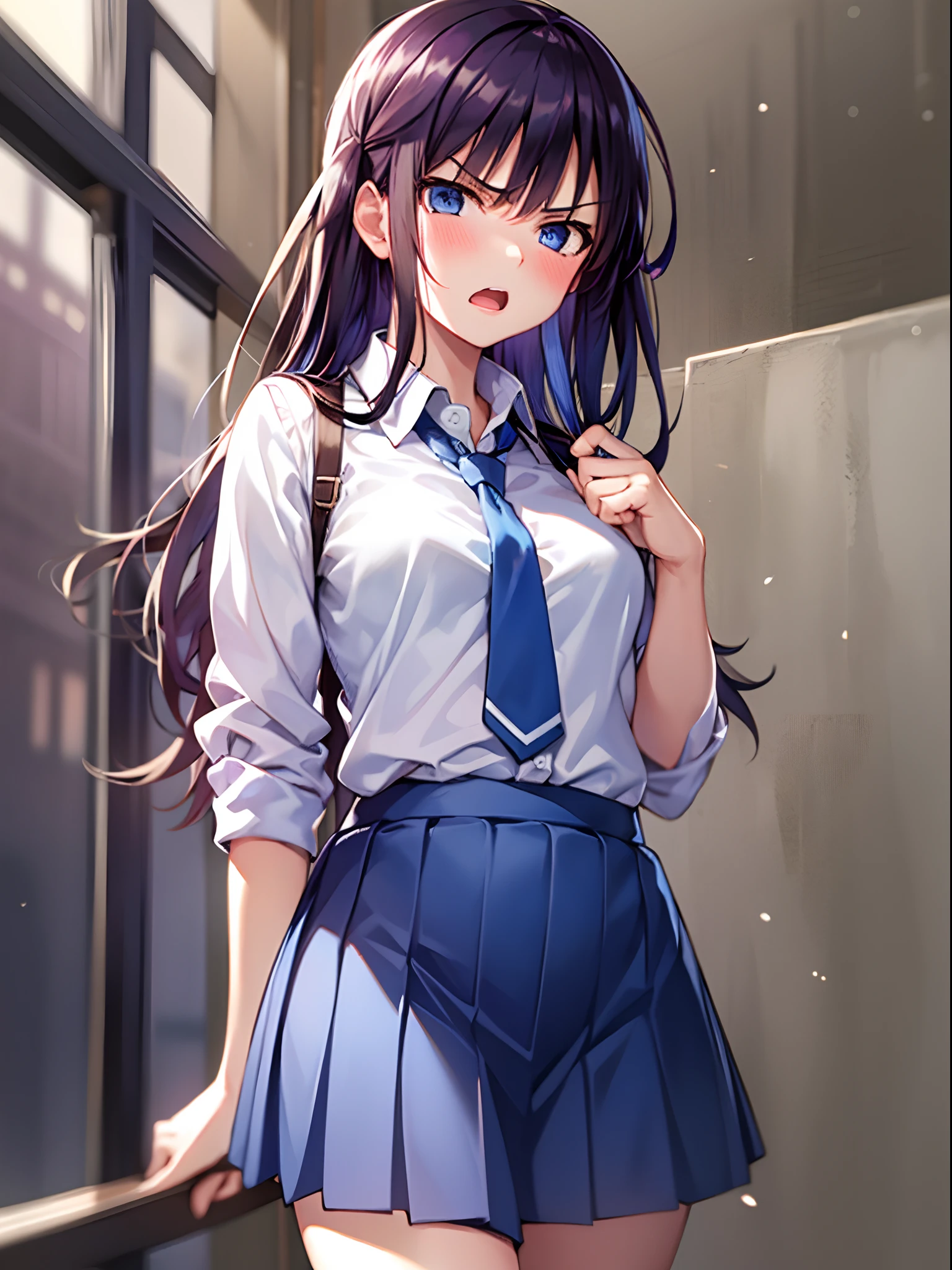 1girl, solo, nakano Nino,small breasts,blue tie, white shirt,blue skirt, angry, school background,